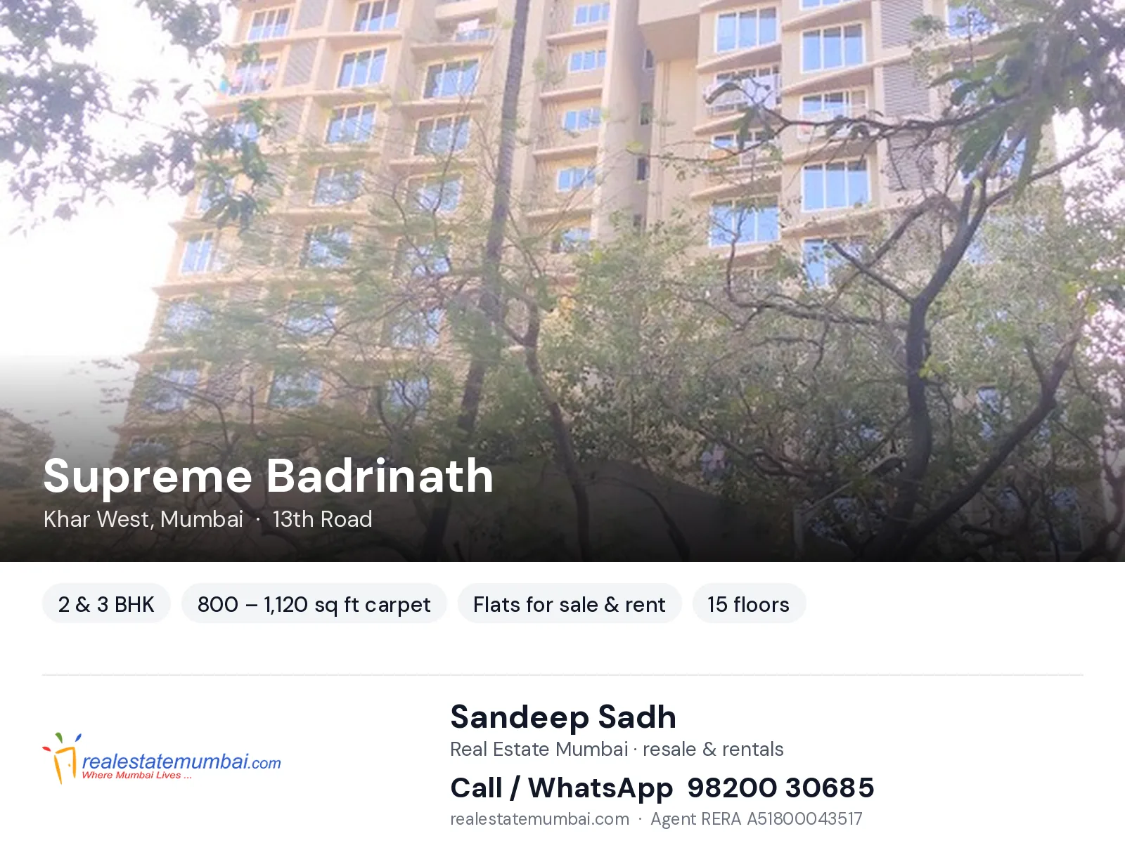Supreme Badrinath, Khar West, Mumbai — 2 & 3 BHK flats for sale & rent | Real Estate Mumbai, Sandeep Sadh 98200 30685