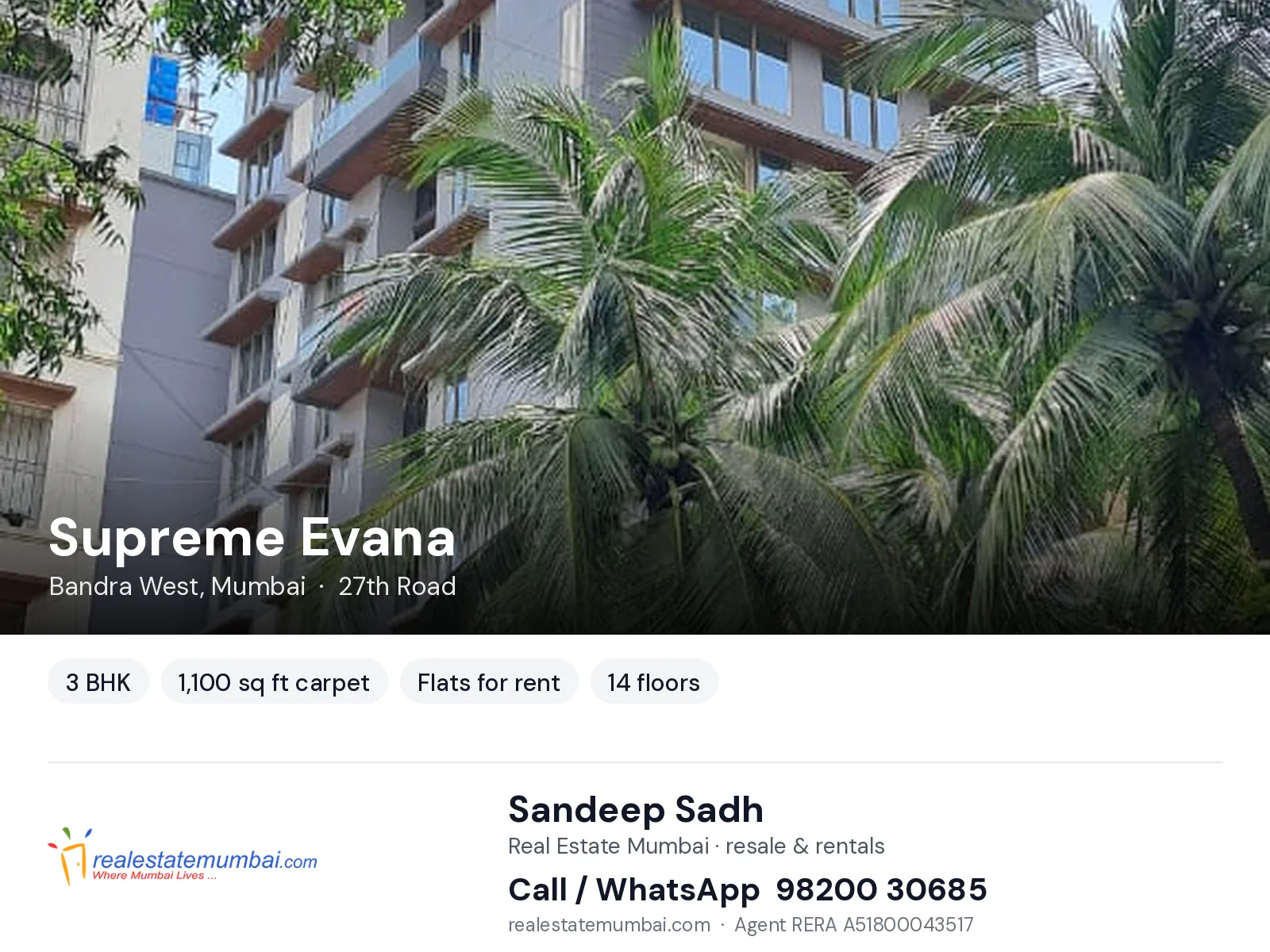 Supreme Evana, Bandra West, Mumbai — 3 BHK flats for rent | Real Estate Mumbai, Sandeep Sadh 98200 30685