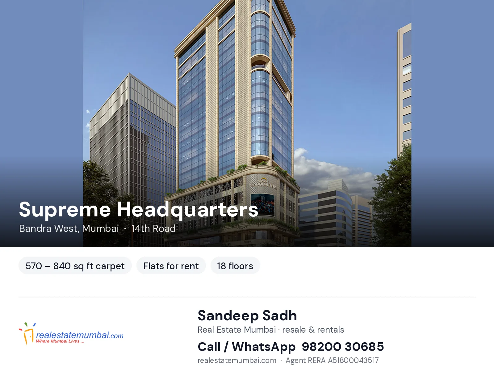 Supreme Headquarters, Bandra West, Mumbai — flats for rent | Real Estate Mumbai, Sandeep Sadh 98200 30685