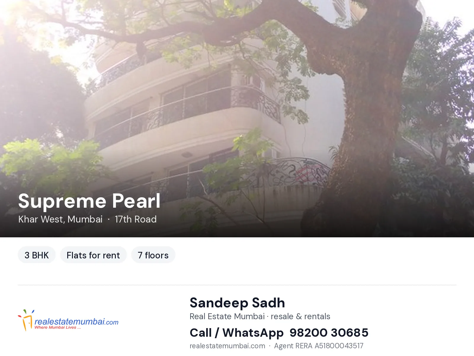 Supreme Pearl, Khar West, Mumbai — 3 BHK flats for rent | Real Estate Mumbai, Sandeep Sadh 98200 30685