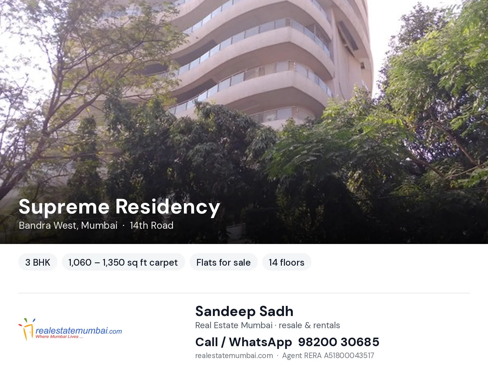 Supreme Residency, Bandra West, Mumbai — 3 BHK flats for sale | Real Estate Mumbai, Sandeep Sadh 98200 30685
