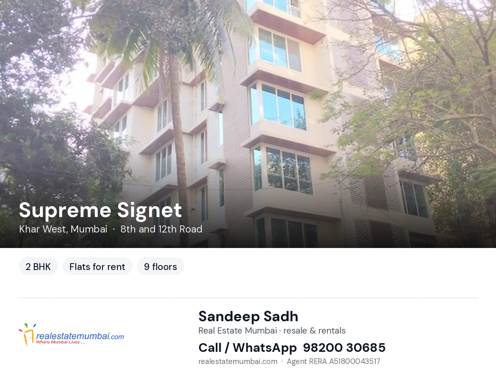 Supreme Signet, Khar West, Mumbai — 2 BHK flats for rent | Real Estate Mumbai, Sandeep Sadh 98200 30685