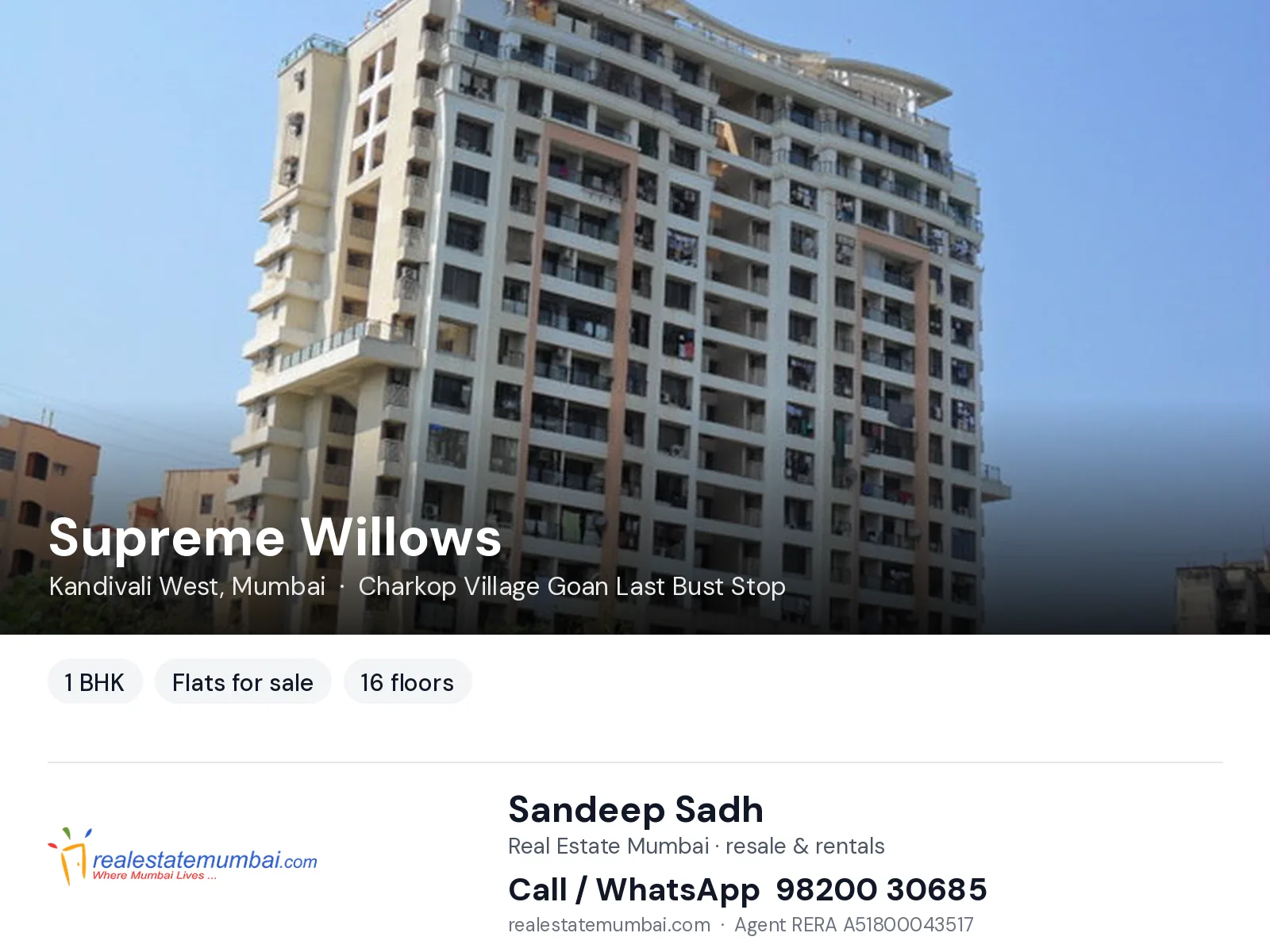 Supreme Willows, Kandivali West, Mumbai — 1 BHK flats for sale | Real Estate Mumbai, Sandeep Sadh 98200 30685