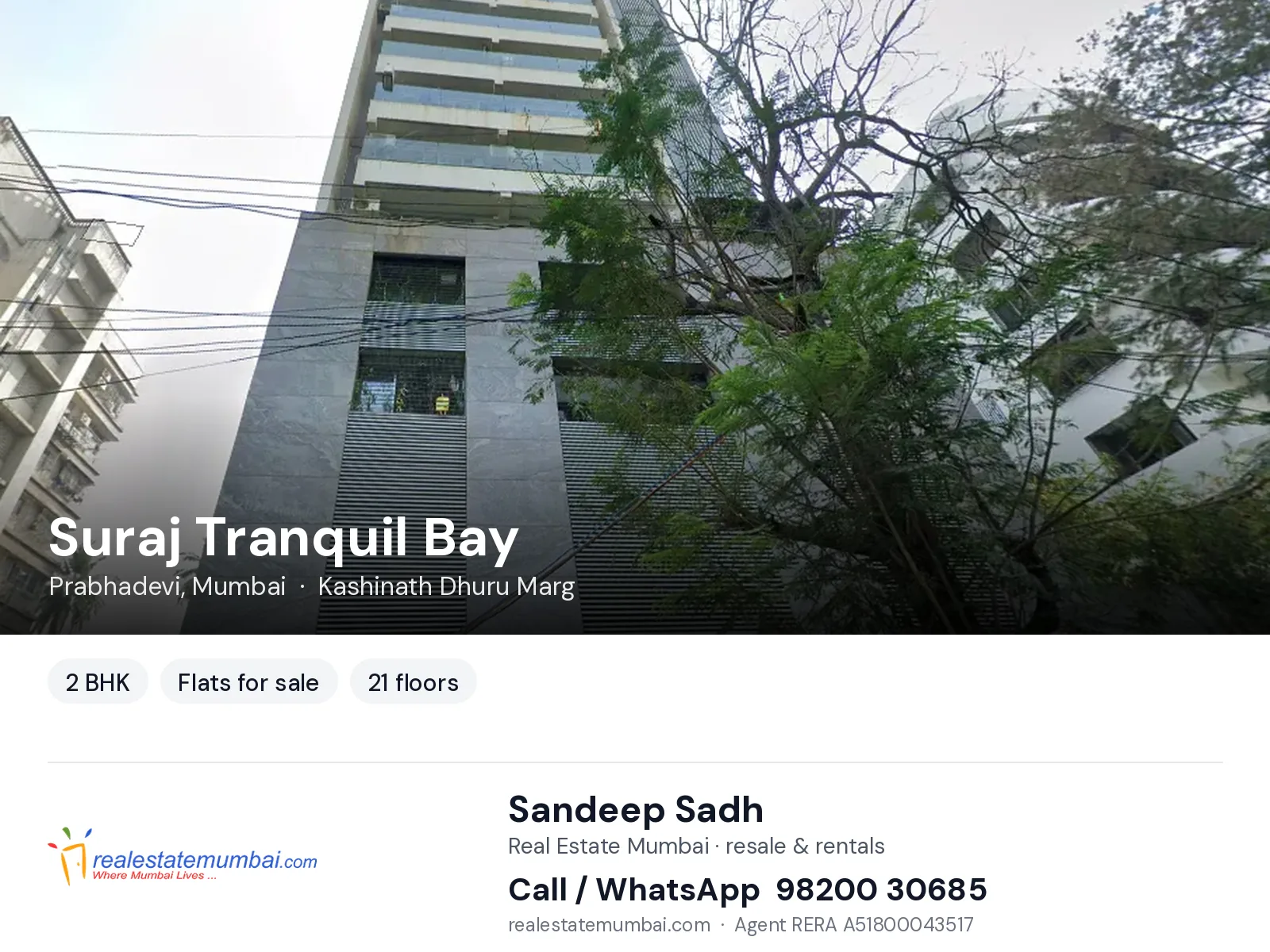 Suraj Tranquil Bay, Prabhadevi, Mumbai — 2 BHK flats for sale | Real Estate Mumbai, Sandeep Sadh 98200 30685