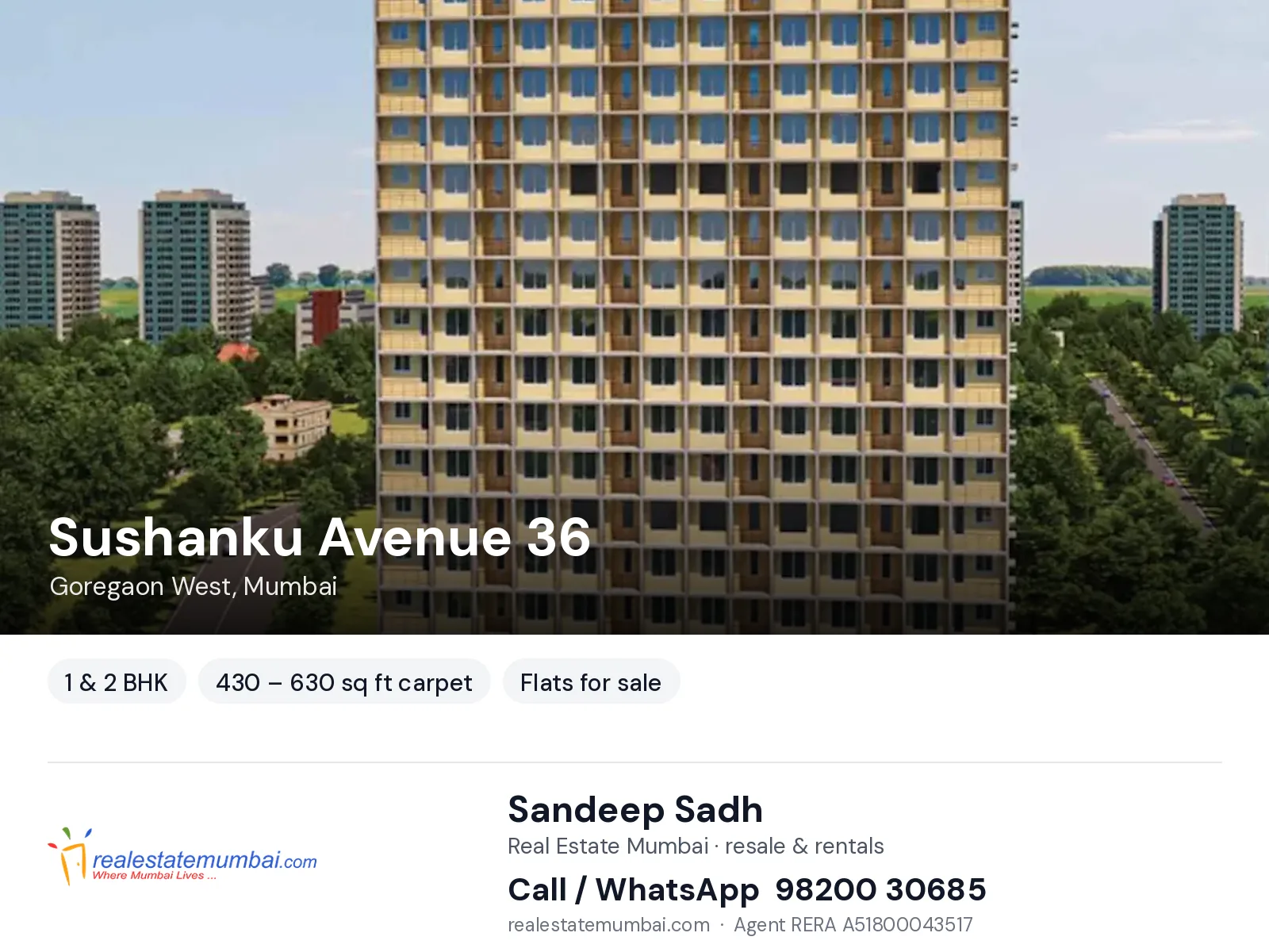 Sushanku Avenue 36, Goregaon West, Mumbai — 1 & 2 BHK flats for sale | Real Estate Mumbai, Sandeep Sadh 98200 30685