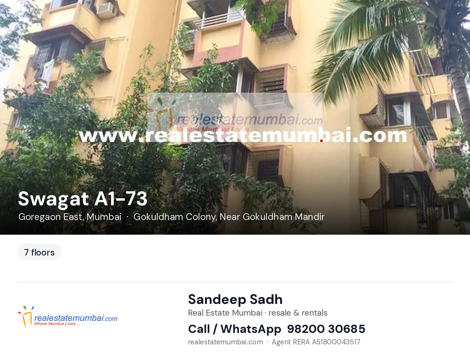 Swagat A1-73, Goregaon East, Mumbai — flats | Real Estate Mumbai, Sandeep Sadh 98200 30685