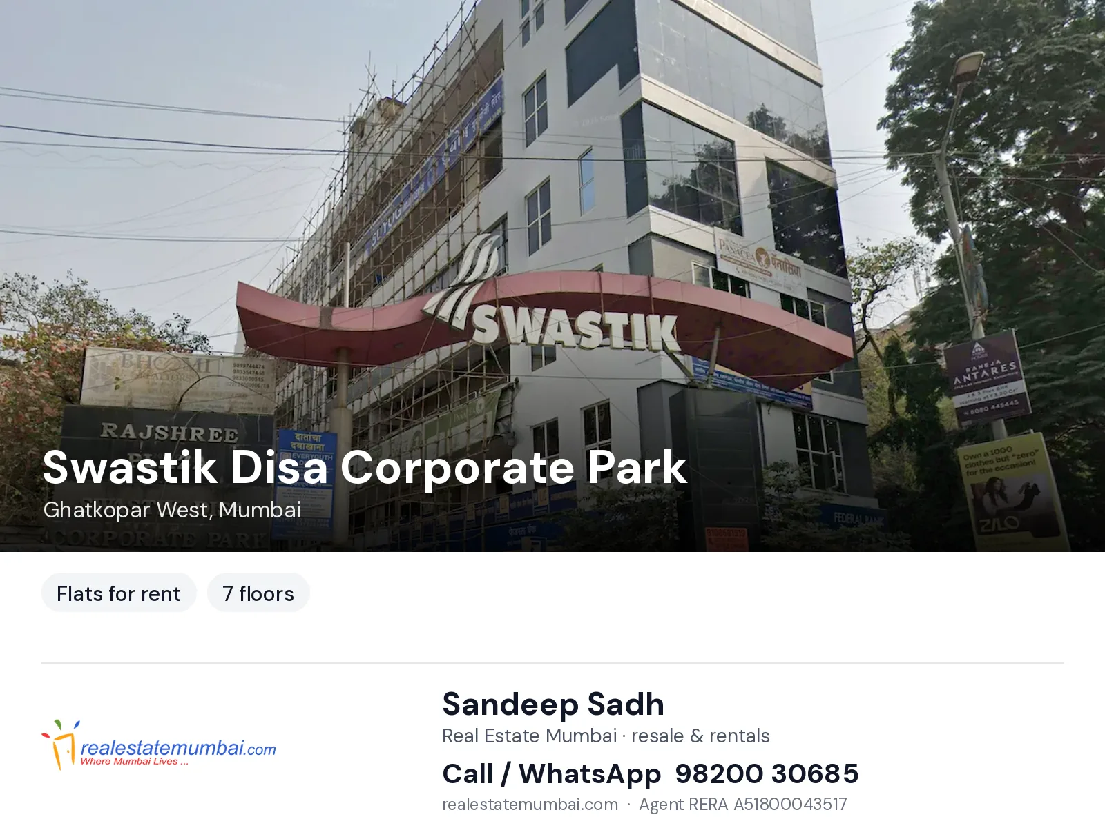 Swastik Disa Corporate Park, Ghatkopar West, Mumbai — flats for rent | Real Estate Mumbai, Sandeep Sadh 98200 30685