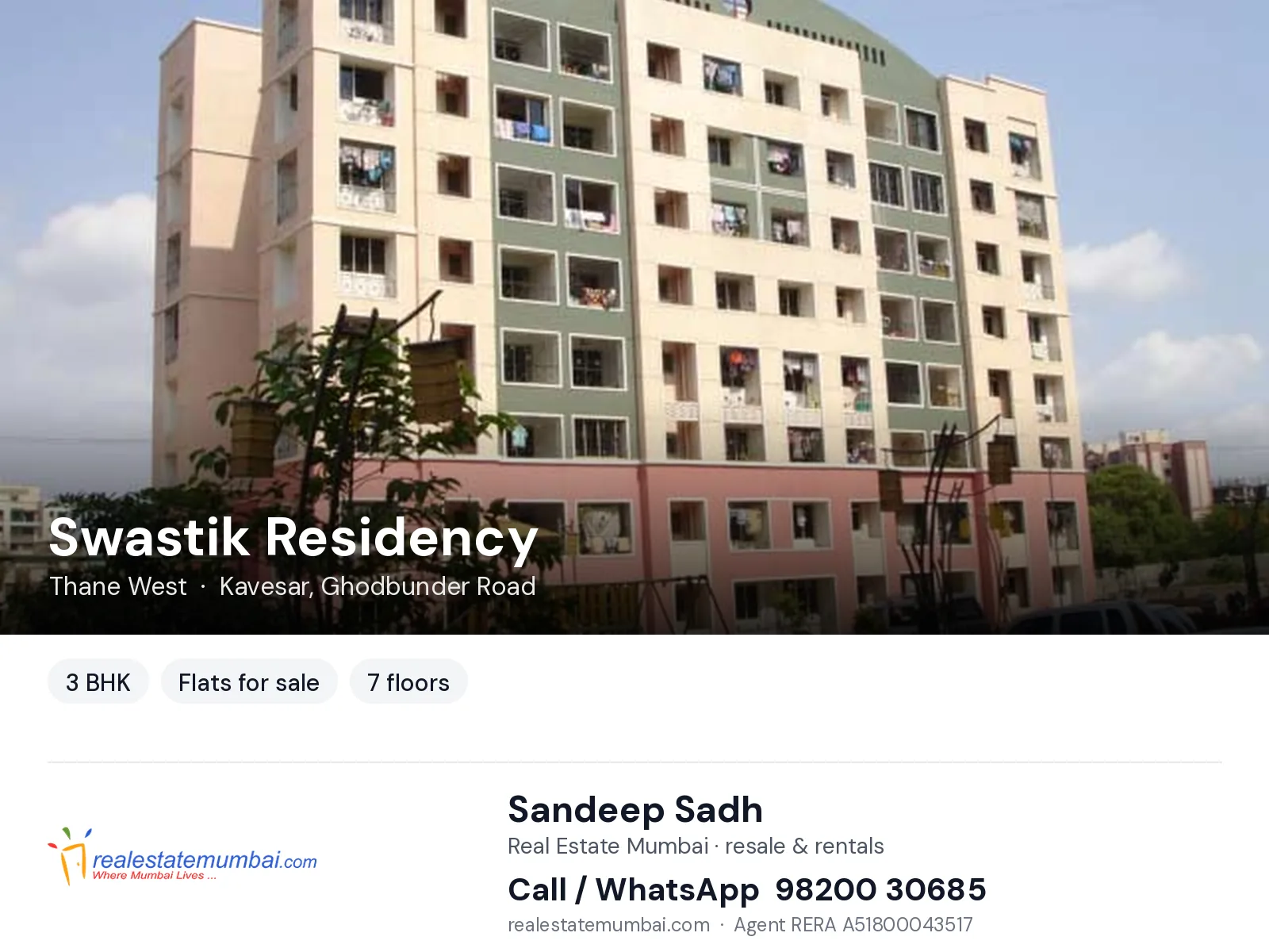 Swastik Residency, Thane West — 3 BHK flats for sale | Real Estate Mumbai, Sandeep Sadh 98200 30685