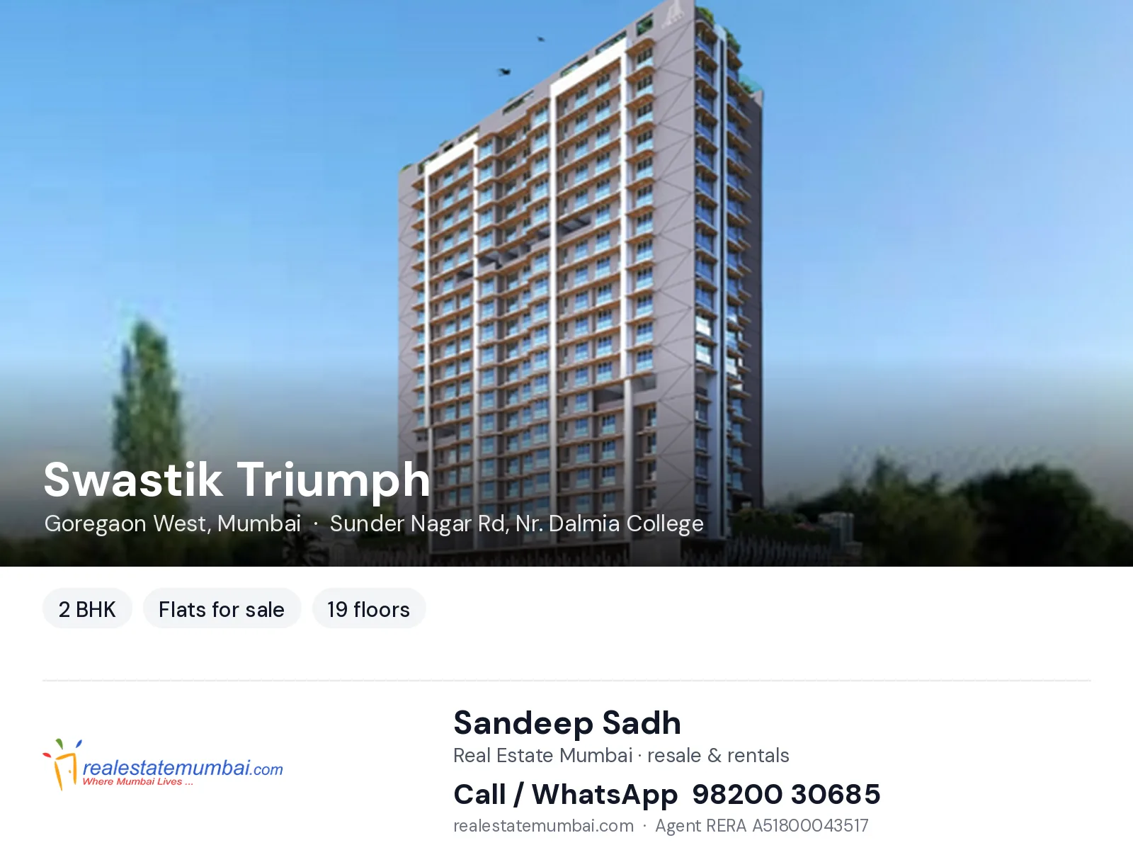 Swastik Triumph, Goregaon West, Mumbai — 2 BHK flats for sale | Real Estate Mumbai, Sandeep Sadh 98200 30685
