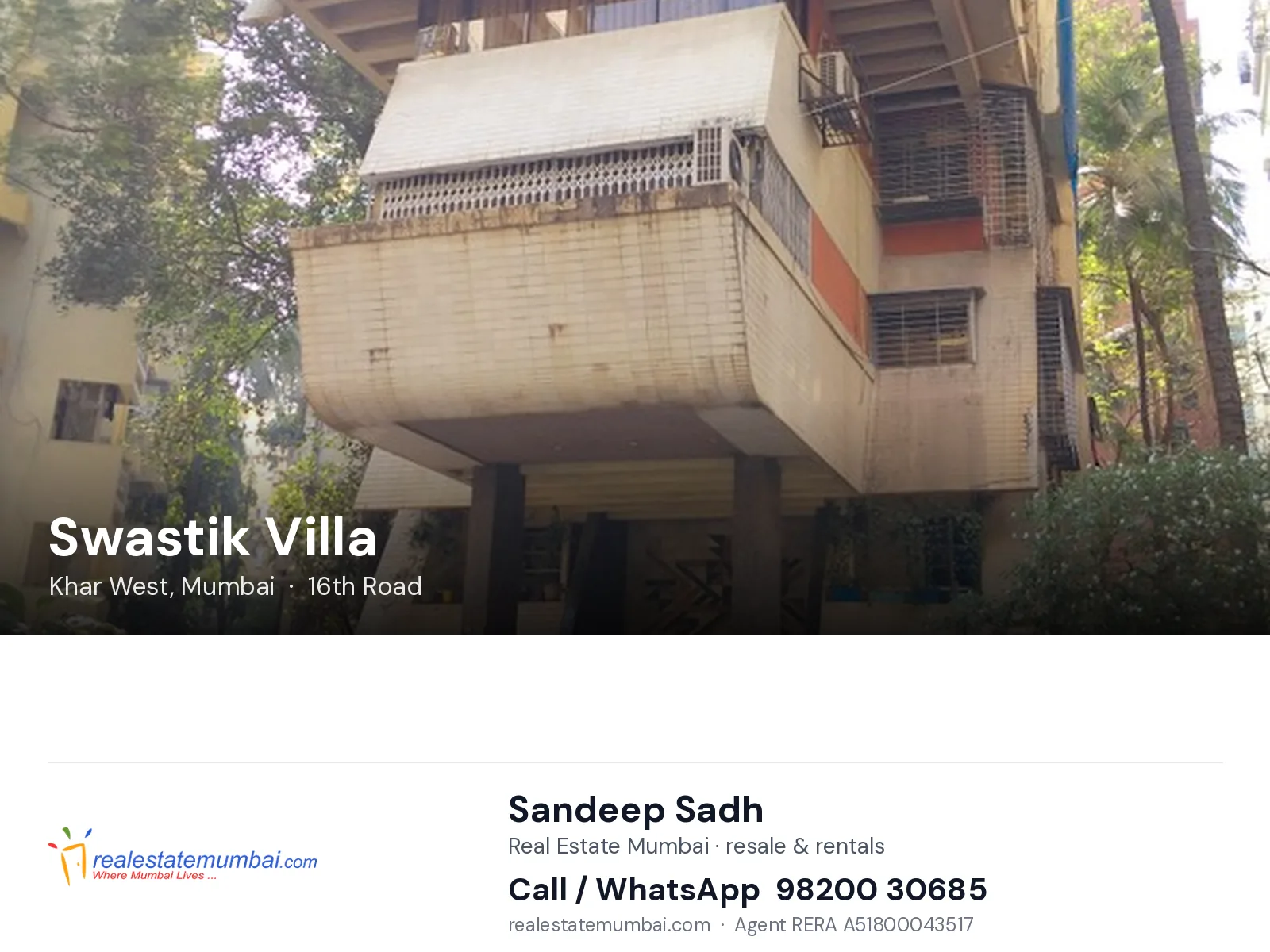 Swastik Villa, Khar West, Mumbai — flats | Real Estate Mumbai, Sandeep Sadh 98200 30685