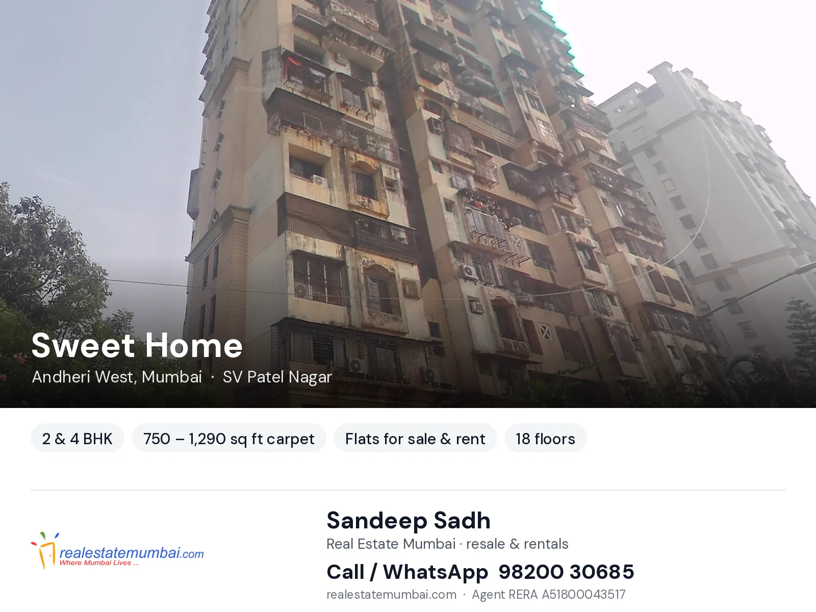 Sweet Home, Andheri West, Mumbai — 2 & 4 BHK flats for sale & rent | Real Estate Mumbai, Sandeep Sadh 98200 30685