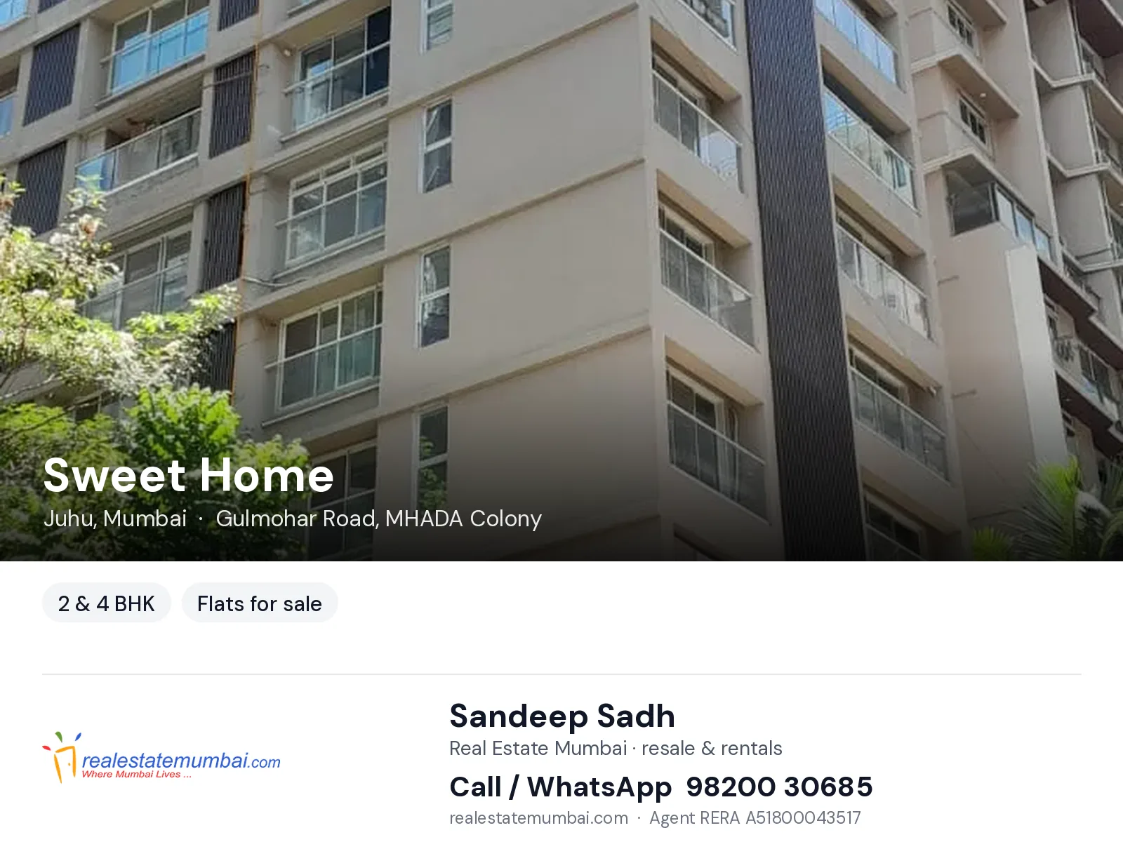 Sweet Home, Juhu, Mumbai — 2 & 4 BHK flats for sale | Real Estate Mumbai, Sandeep Sadh 98200 30685