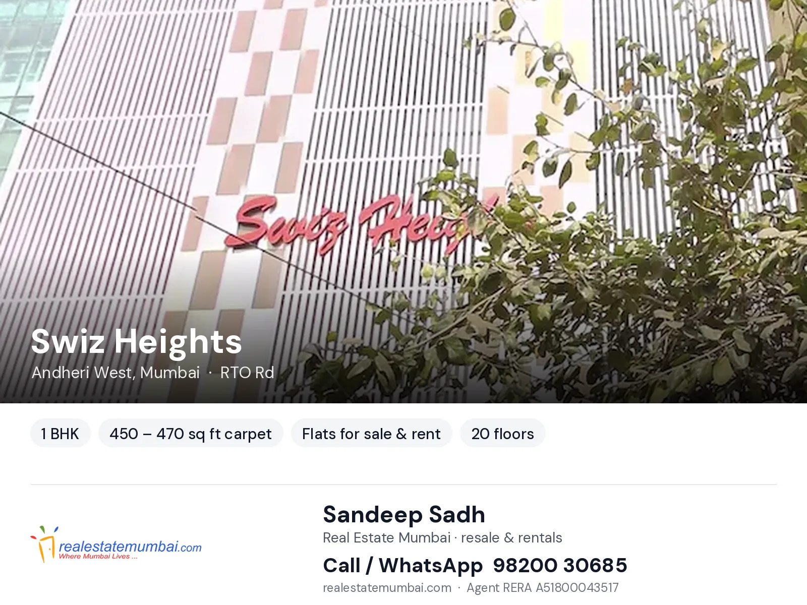 Swiz Heights, Andheri West, Mumbai — 1 BHK flats for sale & rent | Real Estate Mumbai, Sandeep Sadh 98200 30685