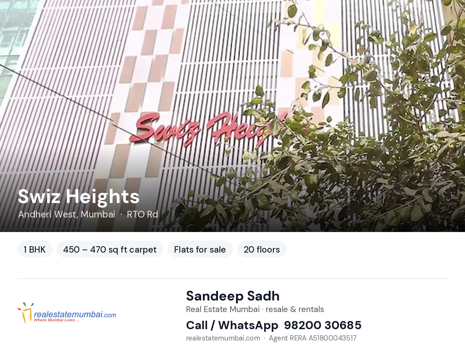 Swiz Heights, Andheri West, Mumbai — 1 BHK flats for sale | Real Estate Mumbai, Sandeep Sadh 98200 30685