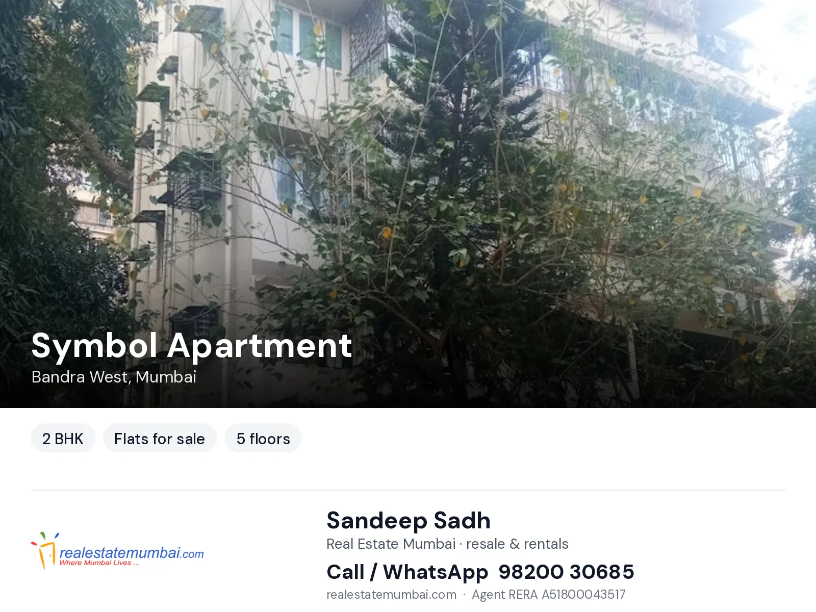 Symbol Apartment, Bandra West, Mumbai — 2 BHK flats for sale | Real Estate Mumbai, Sandeep Sadh 98200 30685