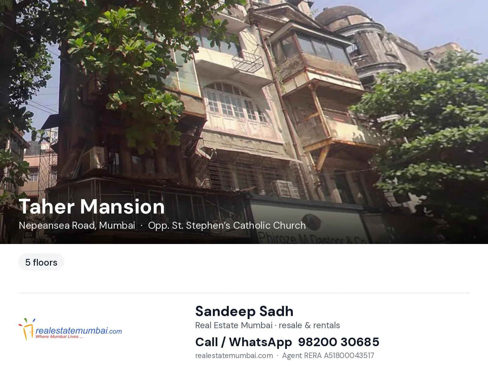 Taher Mansion, Nepeansea Road, Mumbai — flats | Real Estate Mumbai, Sandeep Sadh 98200 30685