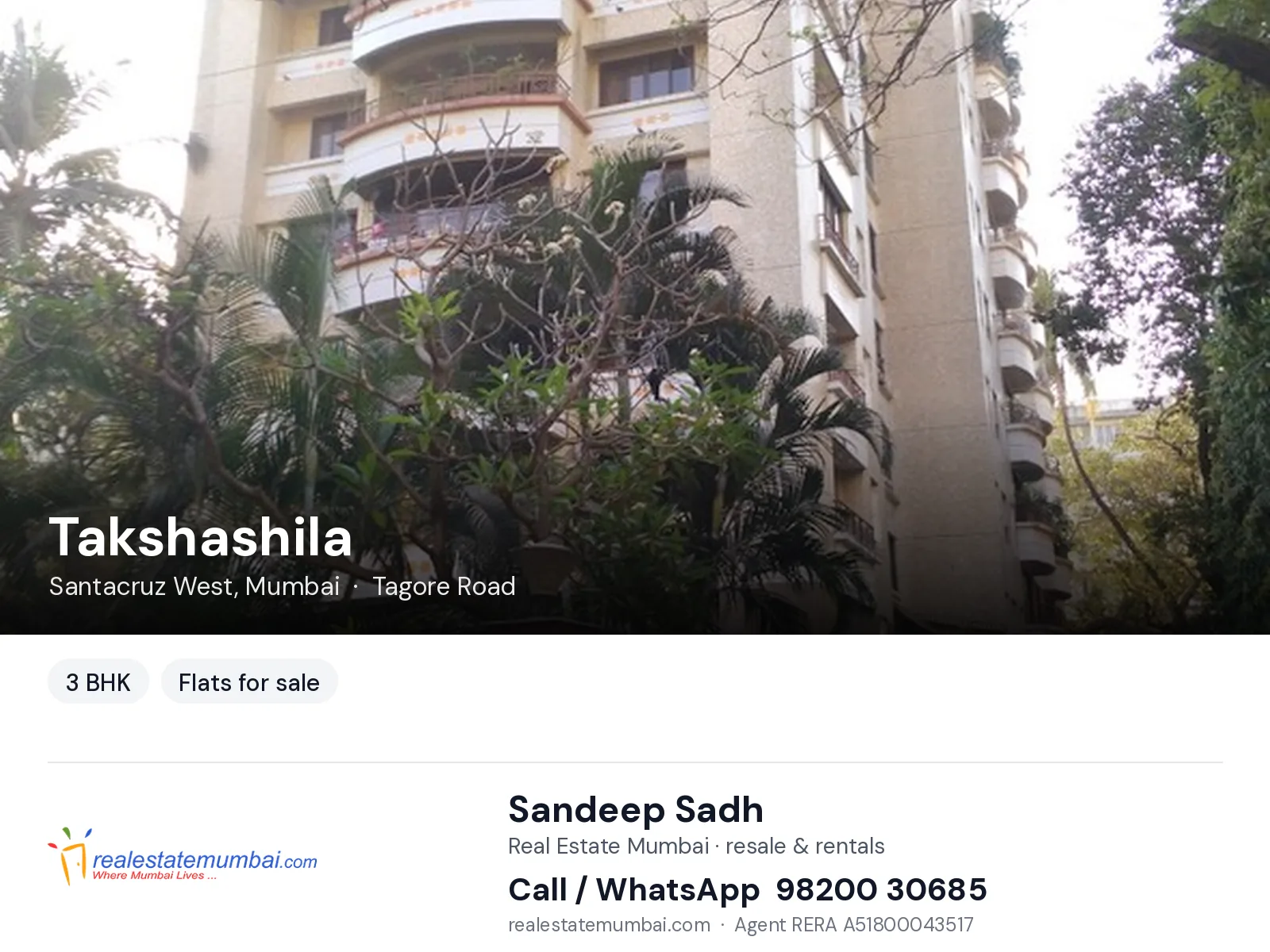 Takshashila, Santacruz West, Mumbai — 3 BHK flats for sale | Real Estate Mumbai, Sandeep Sadh 98200 30685