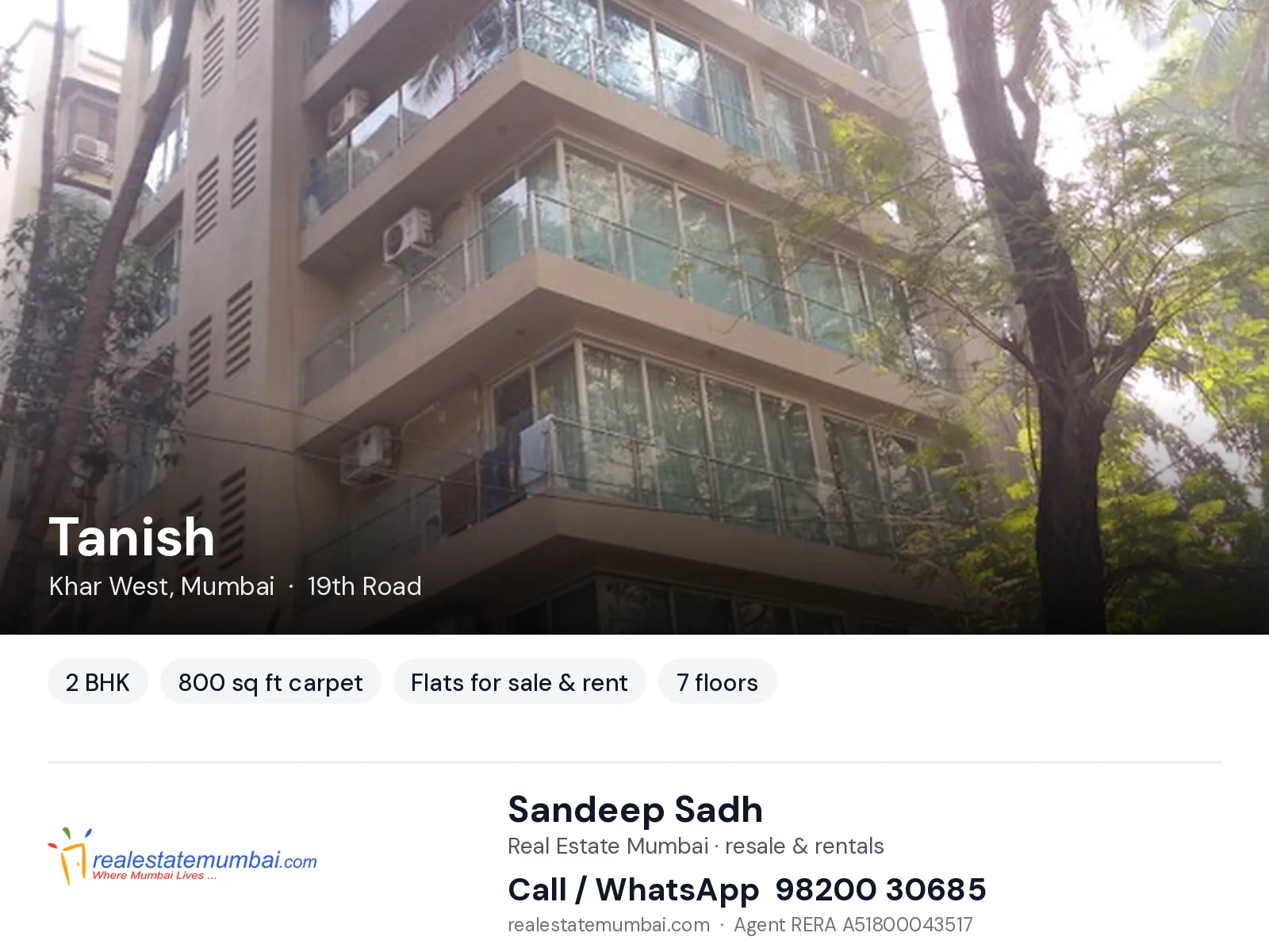Tanish, Khar West, Mumbai — 2 BHK flats for sale & rent | Real Estate Mumbai, Sandeep Sadh 98200 30685