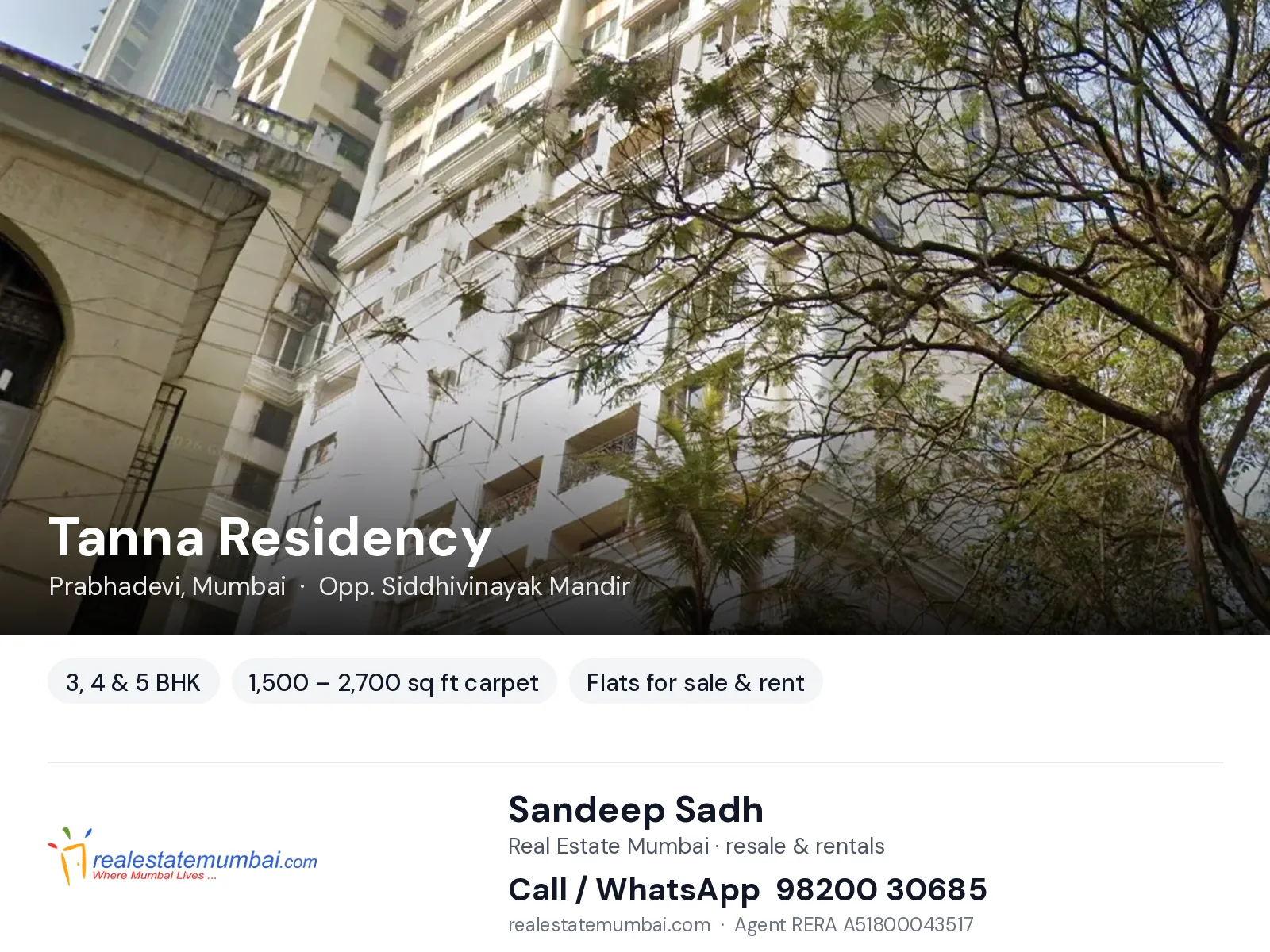 Tanna Residency, Prabhadevi, Mumbai — 3, 4 & 5 BHK flats for sale & rent | Real Estate Mumbai, Sandeep Sadh 98200 30685