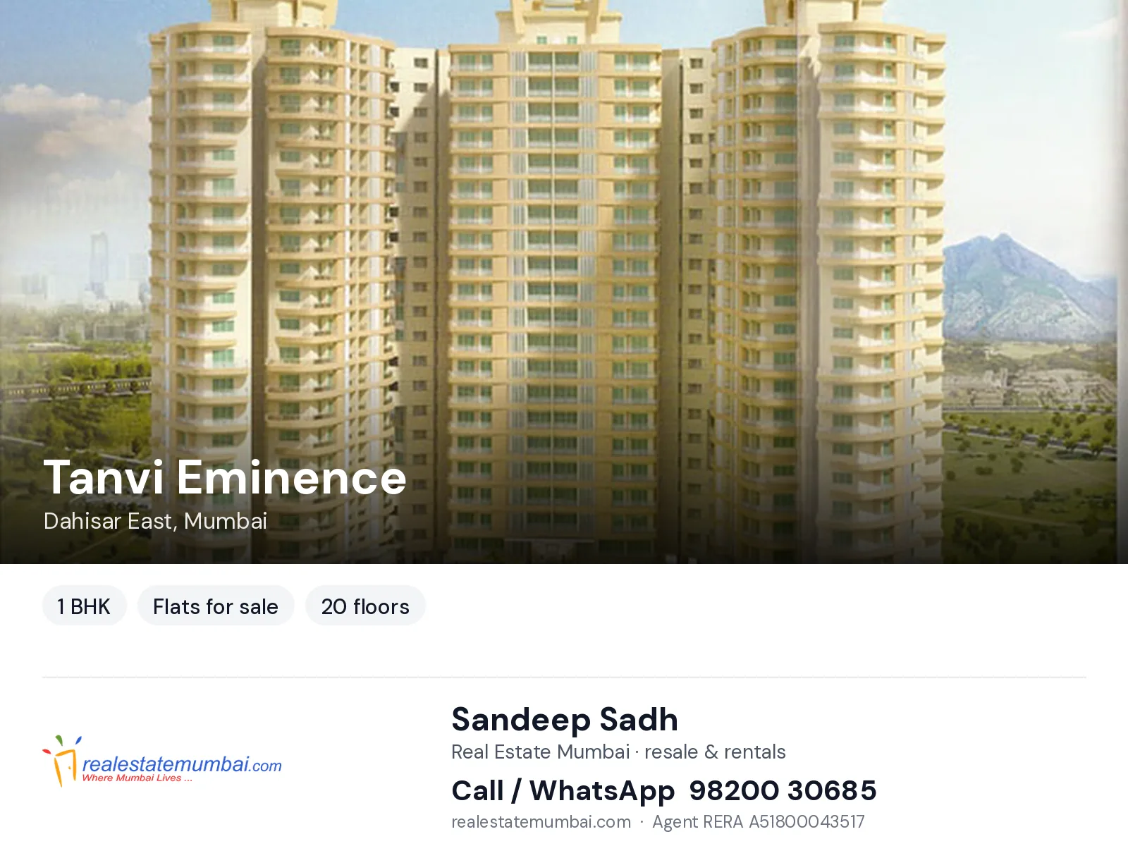 Tanvi Eminence, Dahisar East, Mumbai — 1 BHK flats for sale | Real Estate Mumbai, Sandeep Sadh 98200 30685