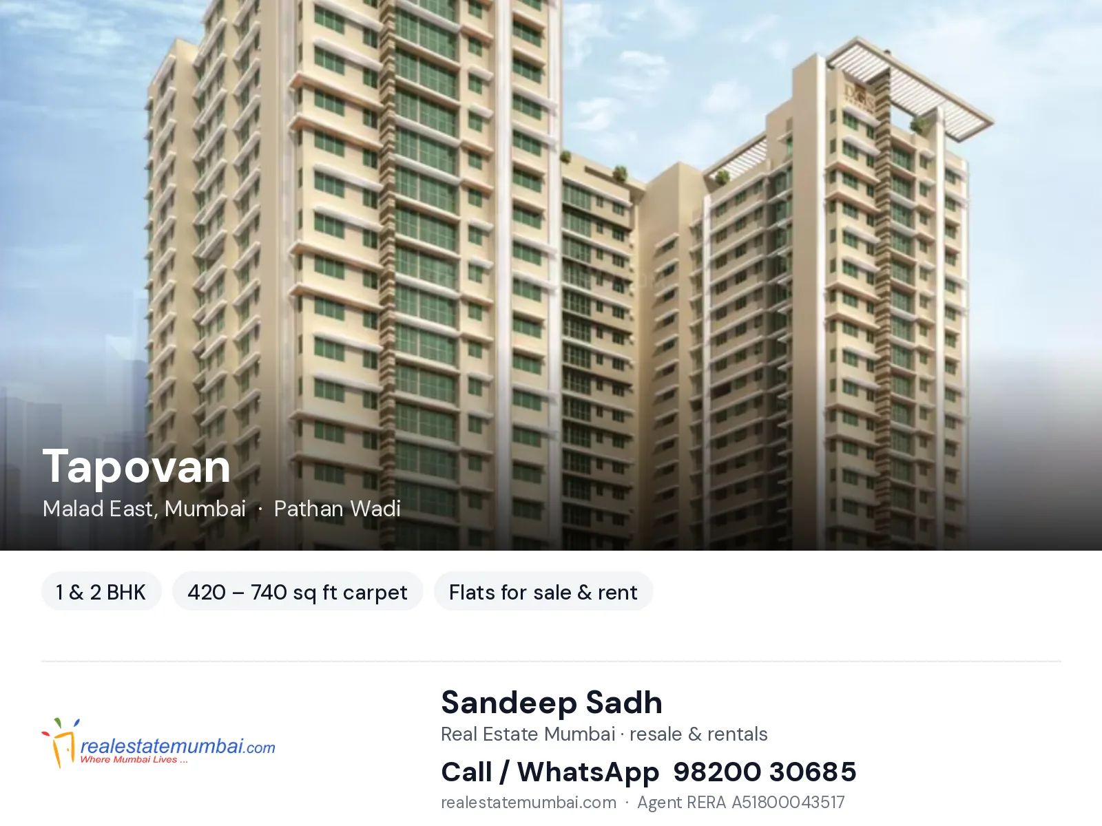 Tapovan, Malad East, Mumbai — 1 & 2 BHK flats for sale & rent | Real Estate Mumbai, Sandeep Sadh 98200 30685