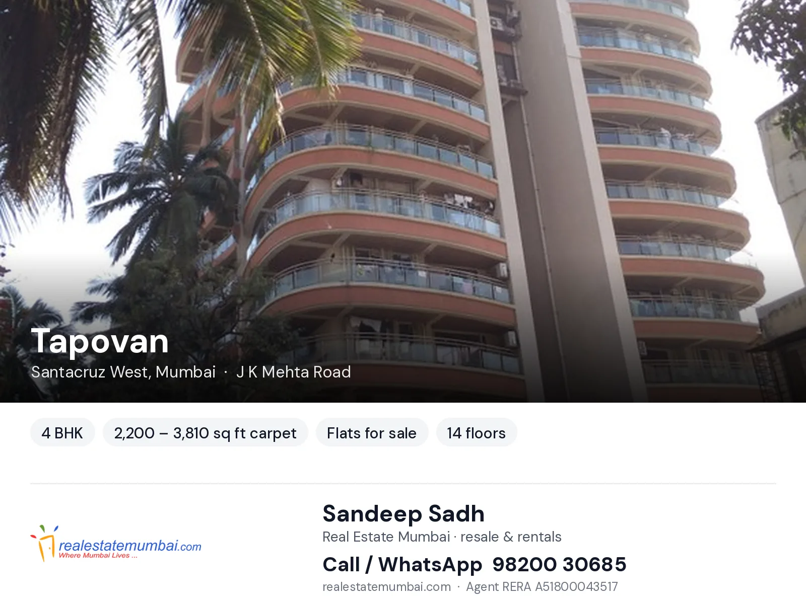 Tapovan, Santacruz West, Mumbai — 4 BHK flats for sale | Real Estate Mumbai, Sandeep Sadh 98200 30685