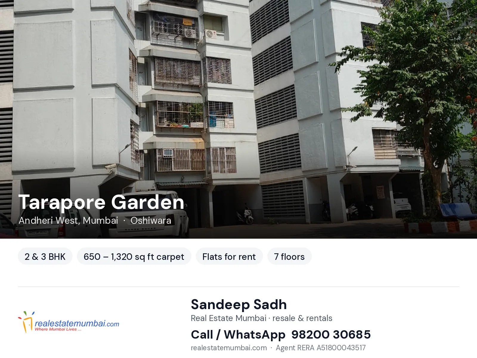 Tarapore Garden, Andheri West, Mumbai — 2 & 3 BHK flats for rent | Real Estate Mumbai, Sandeep Sadh 98200 30685
