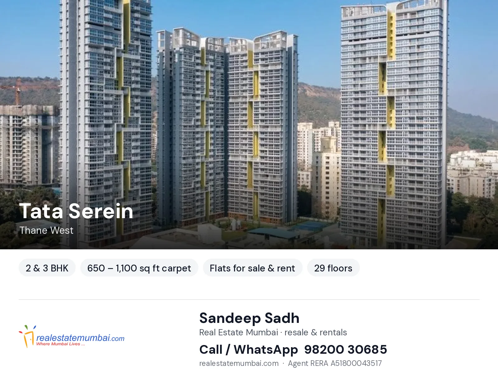 Tata Serein, Thane West — 2 & 3 BHK flats for sale & rent | Real Estate Mumbai, Sandeep Sadh 98200 30685