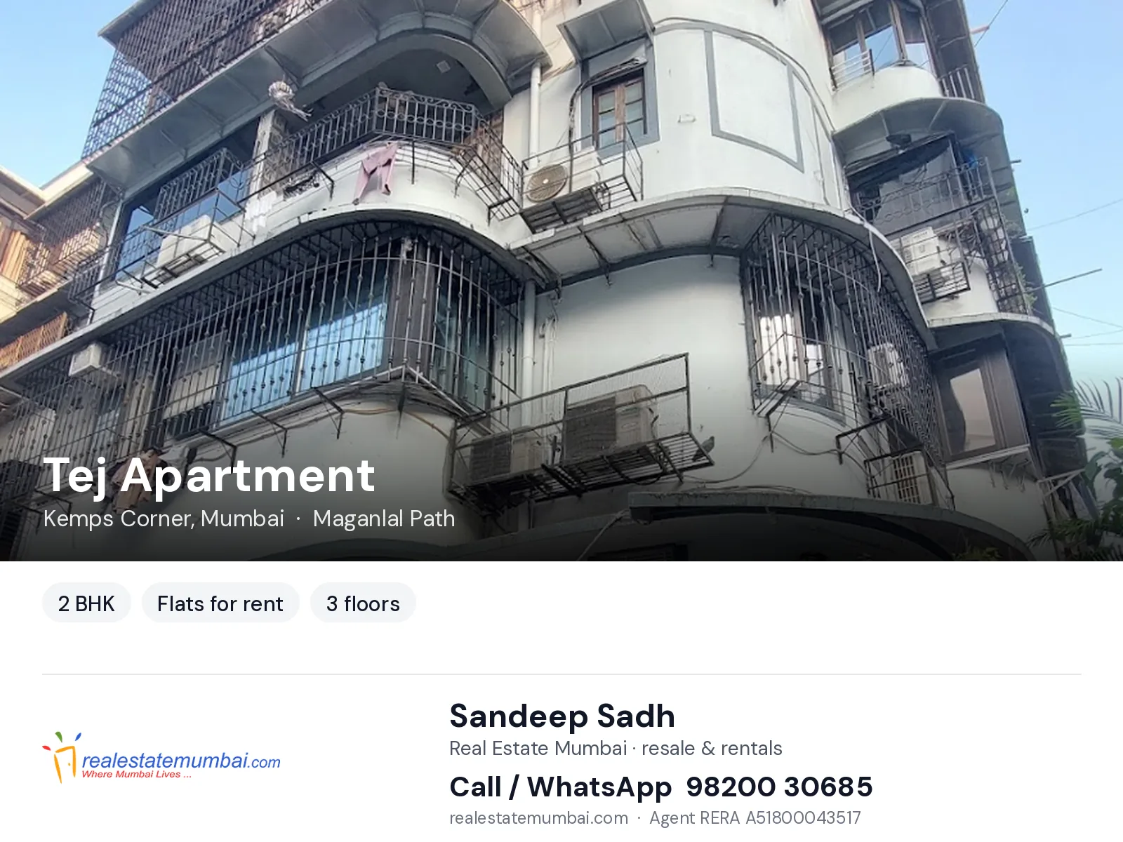 Tej Apartment, Kemps Corner, Mumbai — 2 BHK flats for rent | Real Estate Mumbai, Sandeep Sadh 98200 30685