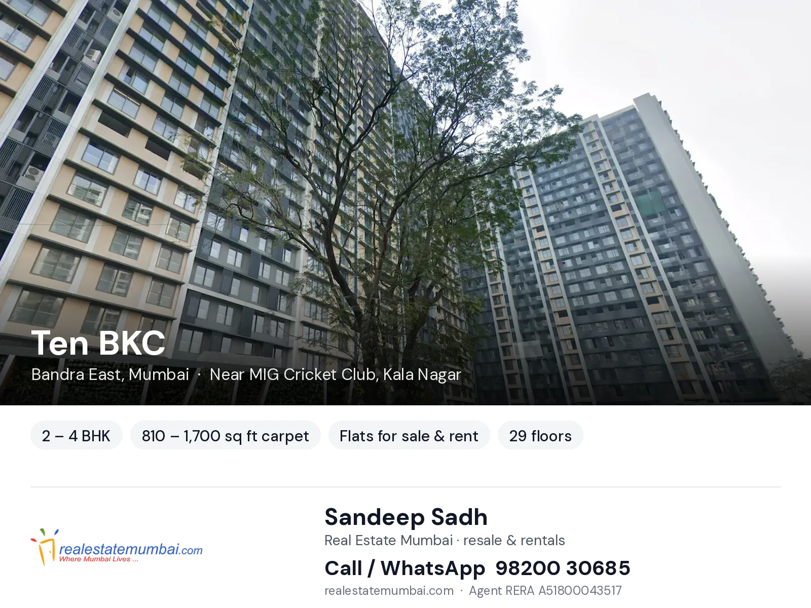 Ten BKC, Bandra East, Mumbai — 2 – 4 BHK flats for sale & rent | Real Estate Mumbai, Sandeep Sadh 98200 30685
