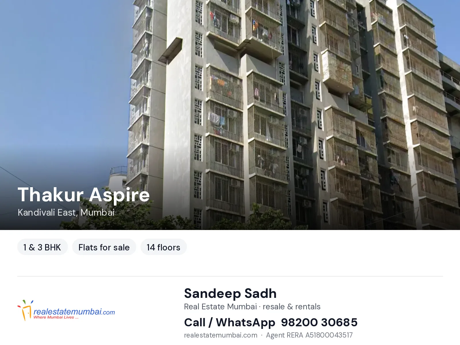 Thakur Aspire, Kandivali East, Mumbai — 1 & 3 BHK flats for sale | Real Estate Mumbai, Sandeep Sadh 98200 30685