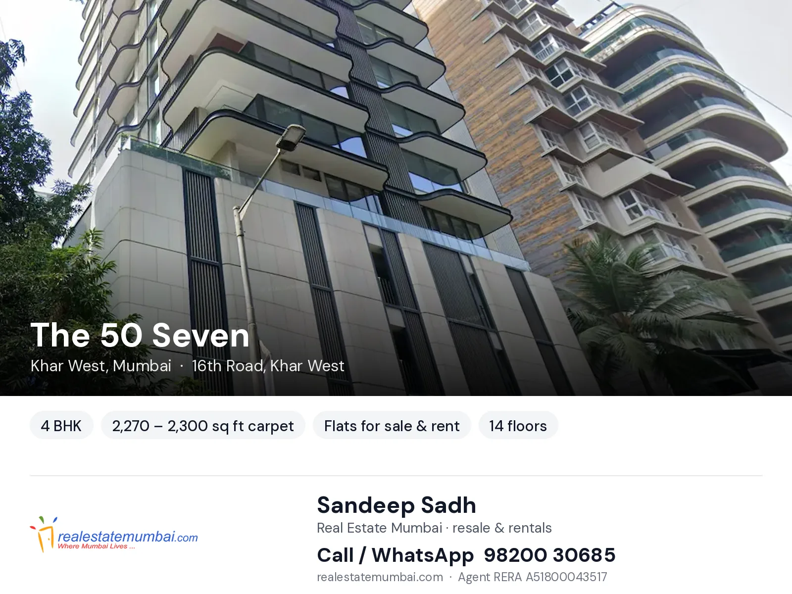 The 50 Seven, Khar West, Mumbai — 4 BHK flats for sale & rent | Real Estate Mumbai, Sandeep Sadh 98200 30685