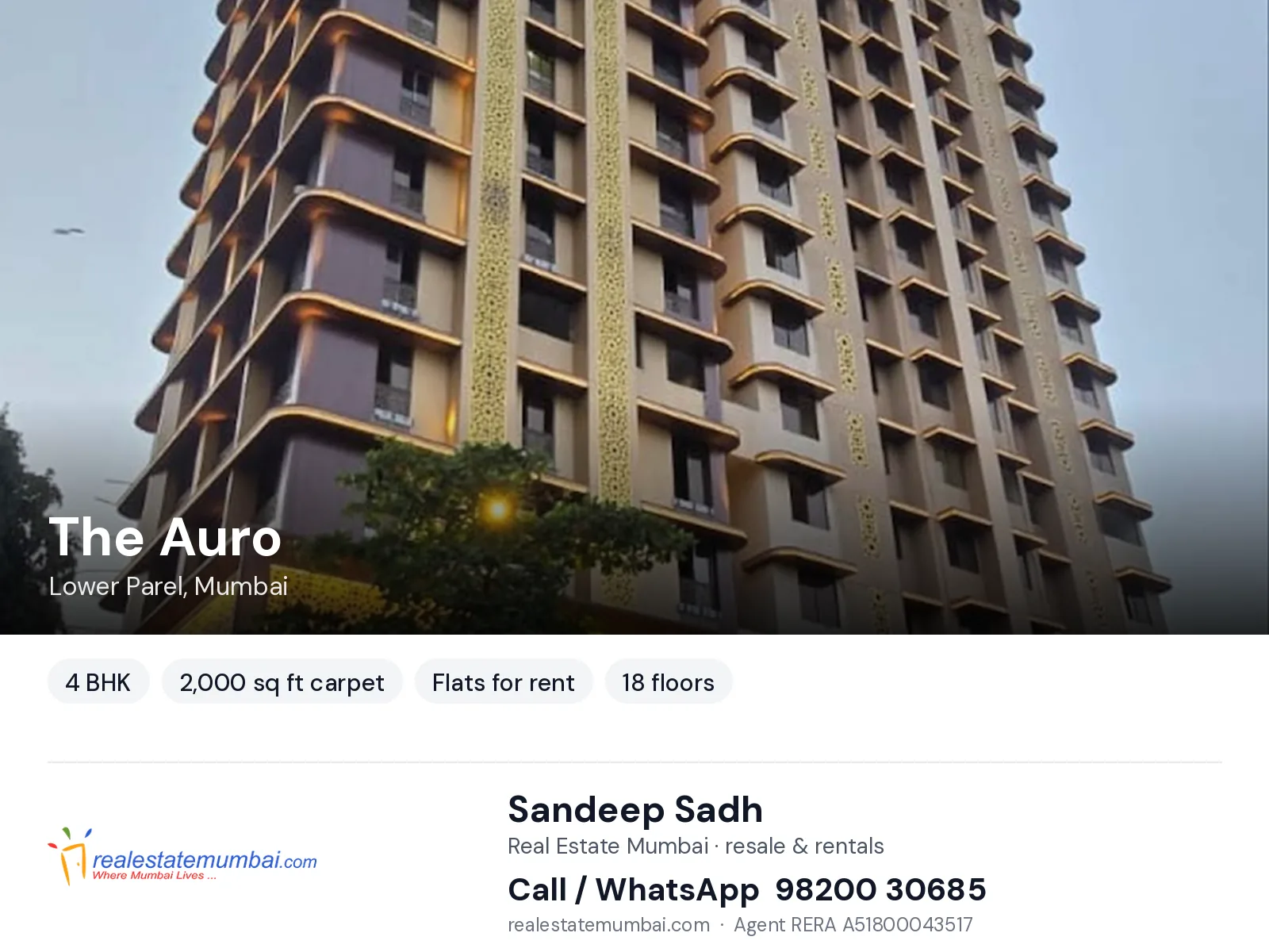 The Auro, Lower Parel, Mumbai — 4 BHK flats for rent | Real Estate Mumbai, Sandeep Sadh 98200 30685