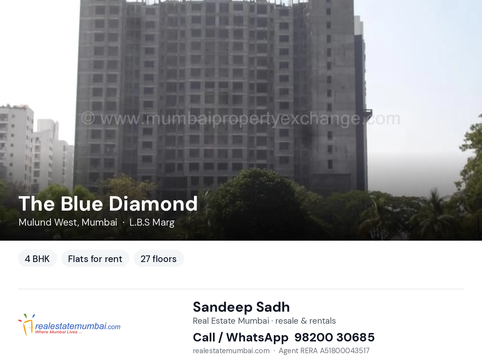 The Blue Diamond, Mulund West, Mumbai — 4 BHK flats for rent | Real Estate Mumbai, Sandeep Sadh 98200 30685