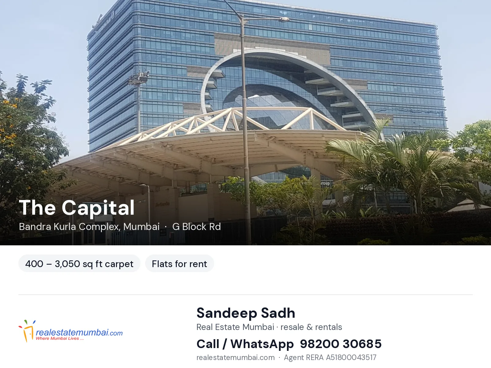 The Capital, Bandra Kurla Complex, Mumbai — flats for rent | Real Estate Mumbai, Sandeep Sadh 98200 30685