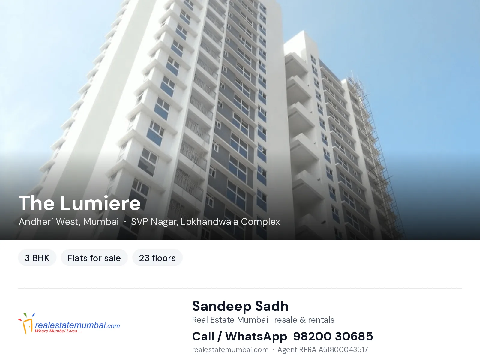The Lumiere, Andheri West, Mumbai — 3 BHK flats for sale | Real Estate Mumbai, Sandeep Sadh 98200 30685