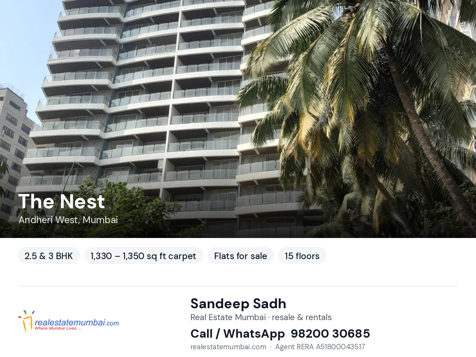 The Nest, Andheri West, Mumbai — 2.5 & 3 BHK flats for sale | Real Estate Mumbai, Sandeep Sadh 98200 30685