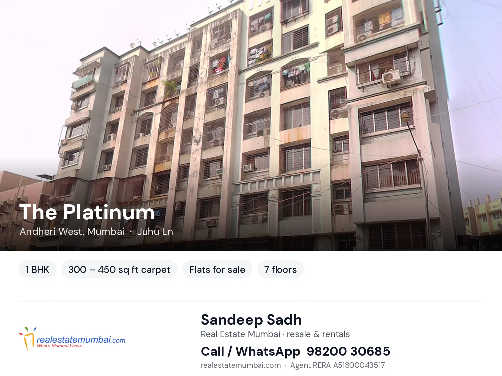 The Platinum, Andheri West, Mumbai — 1 BHK flats for sale | Real Estate Mumbai, Sandeep Sadh 98200 30685