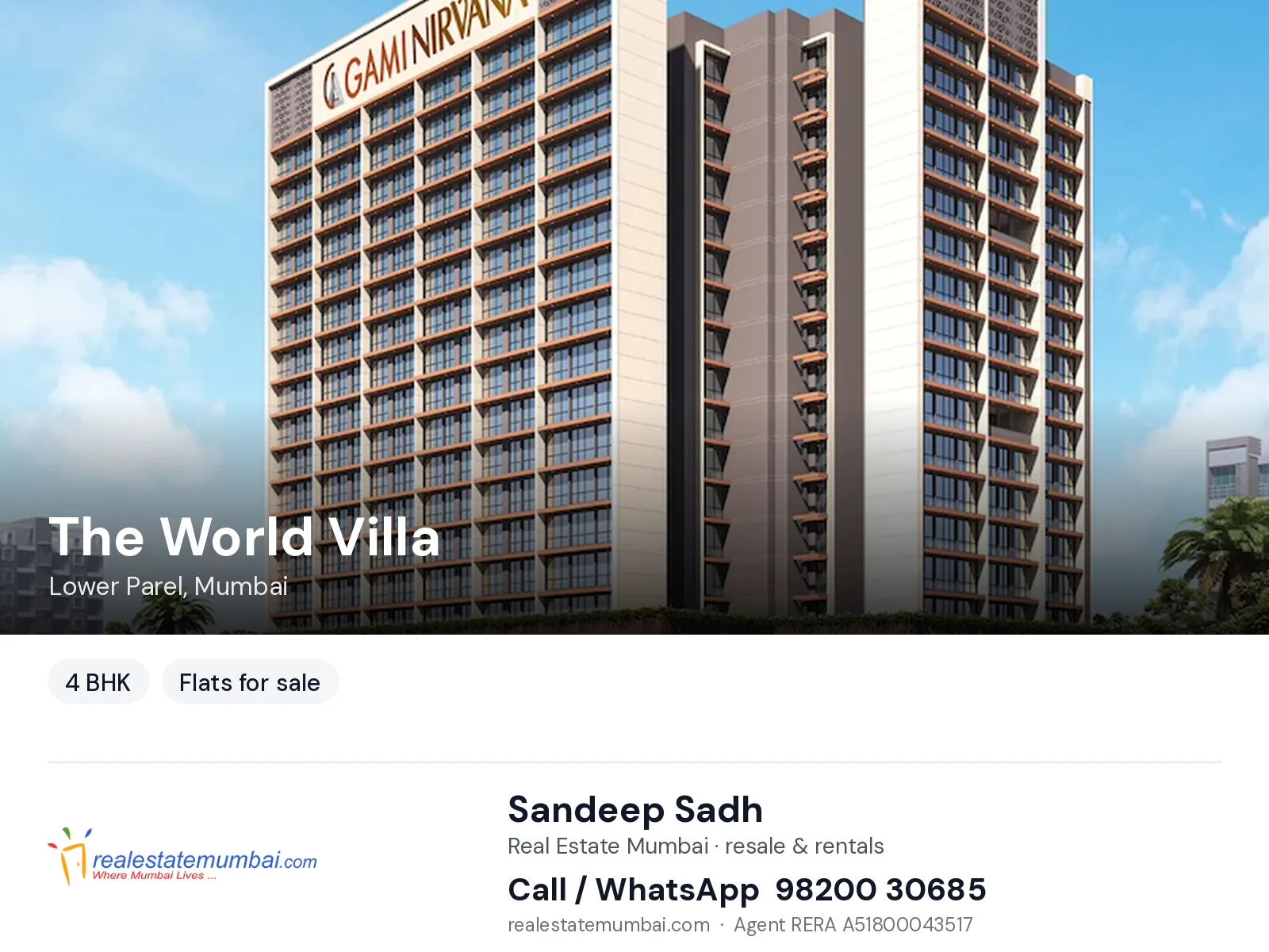 The World Villa, Lower Parel, Mumbai — 4 BHK flats for sale | Real Estate Mumbai, Sandeep Sadh 98200 30685
