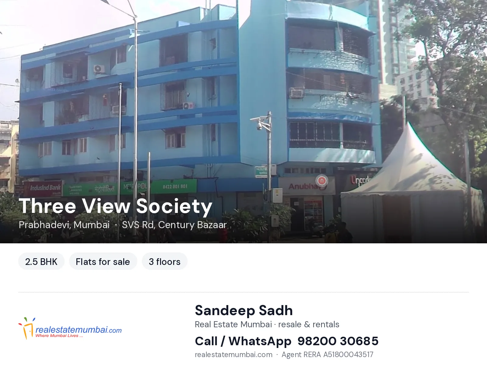 Three View Society, Prabhadevi, Mumbai — 2.5 BHK flats for sale | Real Estate Mumbai, Sandeep Sadh 98200 30685