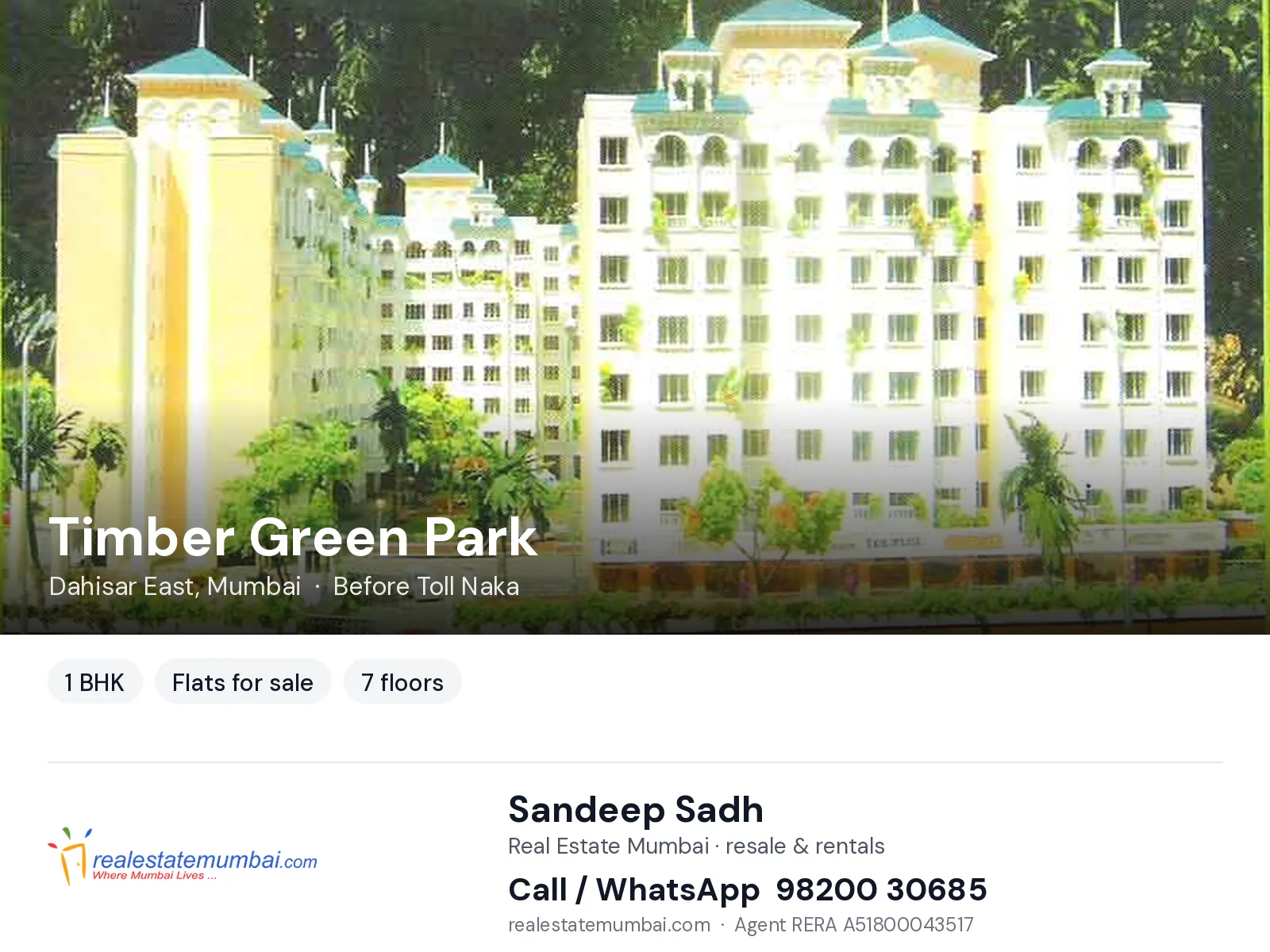 Timber Green Park, Dahisar East, Mumbai — 1 BHK flats for sale | Real Estate Mumbai, Sandeep Sadh 98200 30685