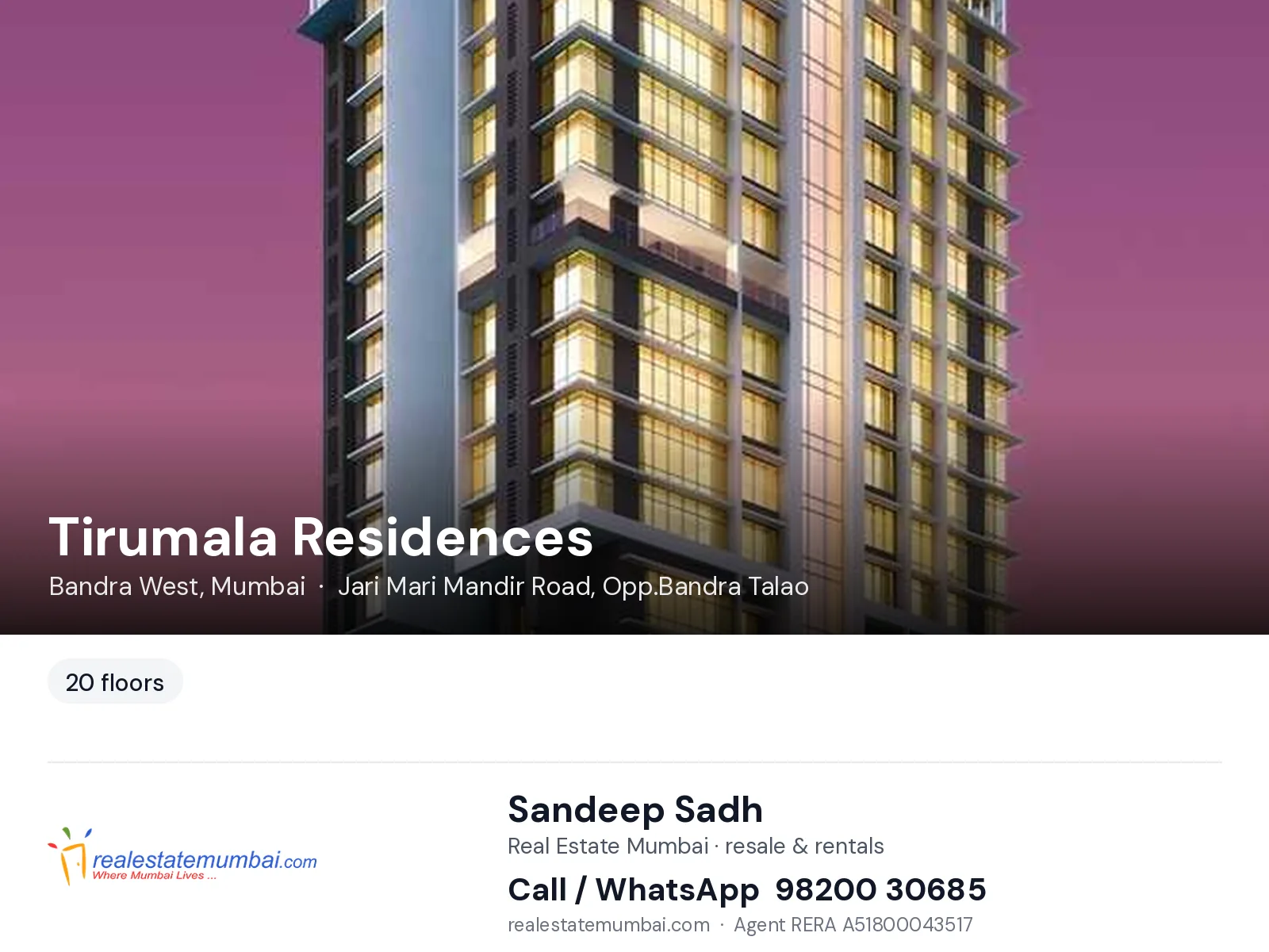 Tirumala Residences, Bandra West, Mumbai — flats | Real Estate Mumbai, Sandeep Sadh 98200 30685