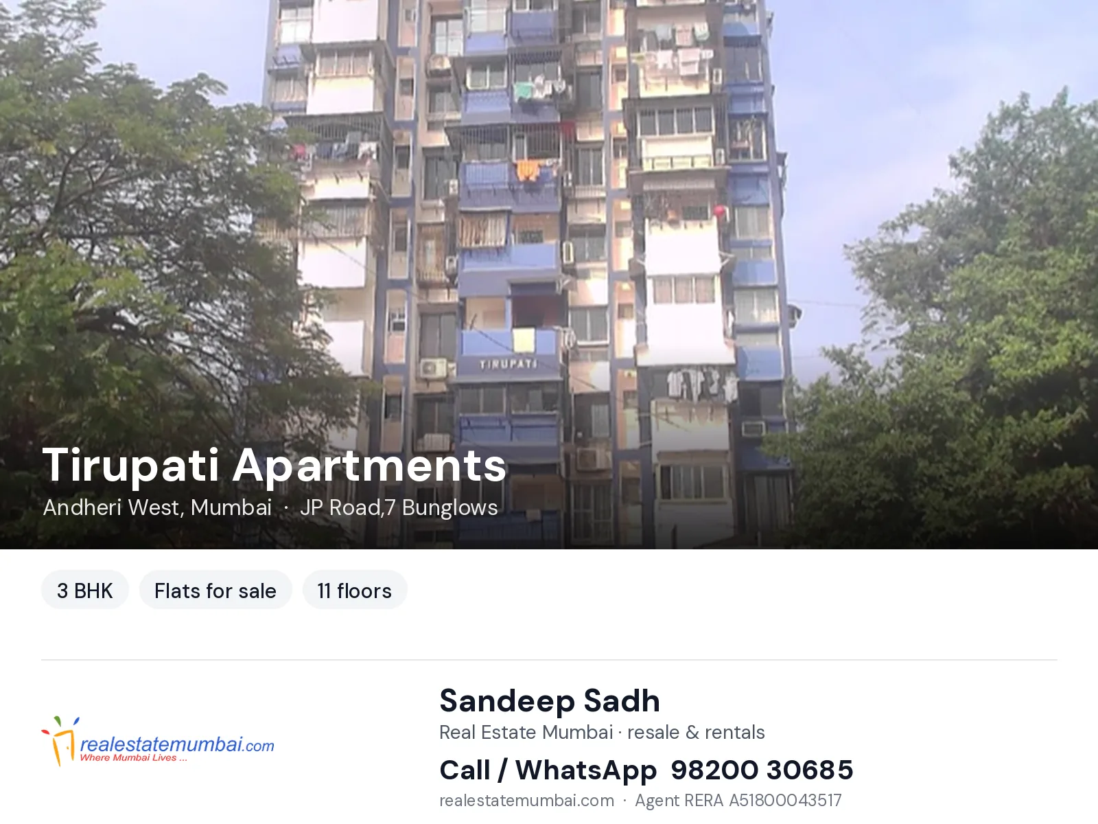 Tirupati Apartments, Andheri West, Mumbai — 3 BHK flats for sale | Real Estate Mumbai, Sandeep Sadh 98200 30685