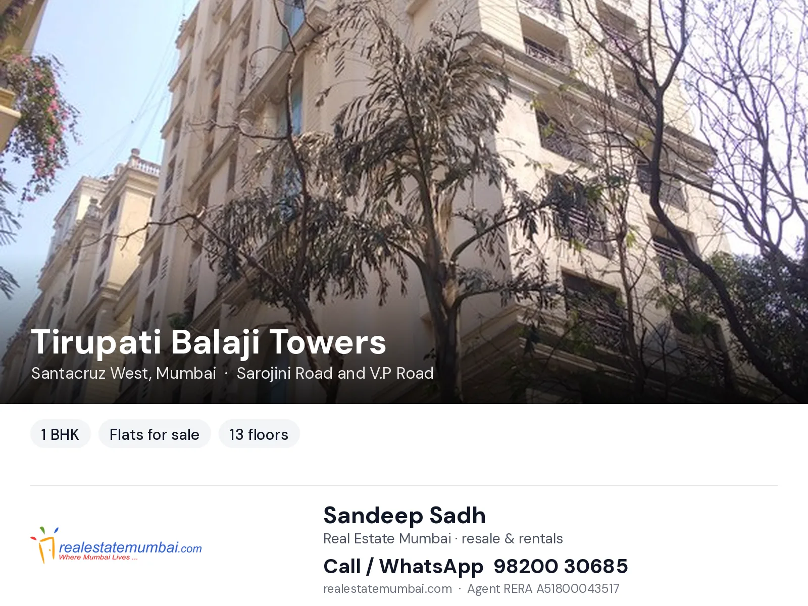 Tirupati Balaji Towers, Santacruz West, Mumbai — 1 BHK flats for sale | Real Estate Mumbai, Sandeep Sadh 98200 30685