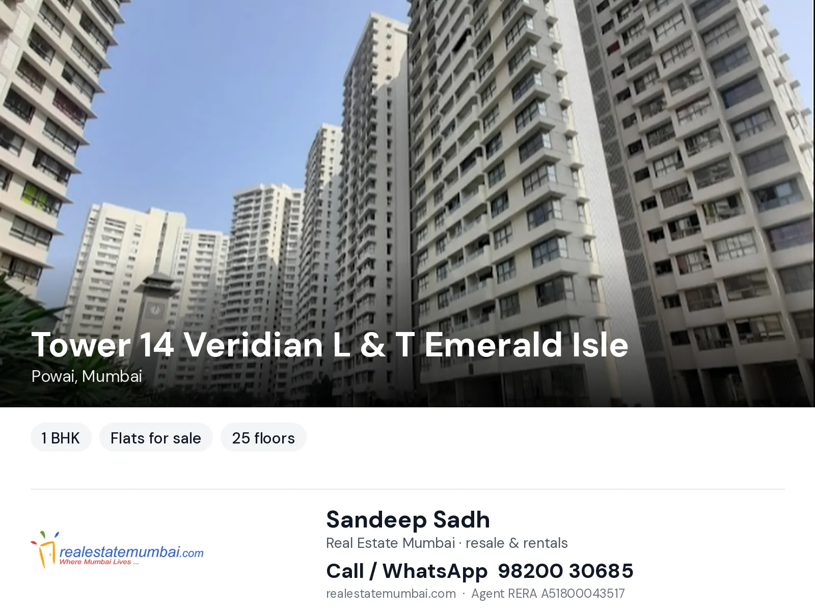 Tower 14 Veridian L & T Emerald Isle, Powai, Mumbai — 1 BHK flats for sale | Real Estate Mumbai, Sandeep Sadh 98200 30685