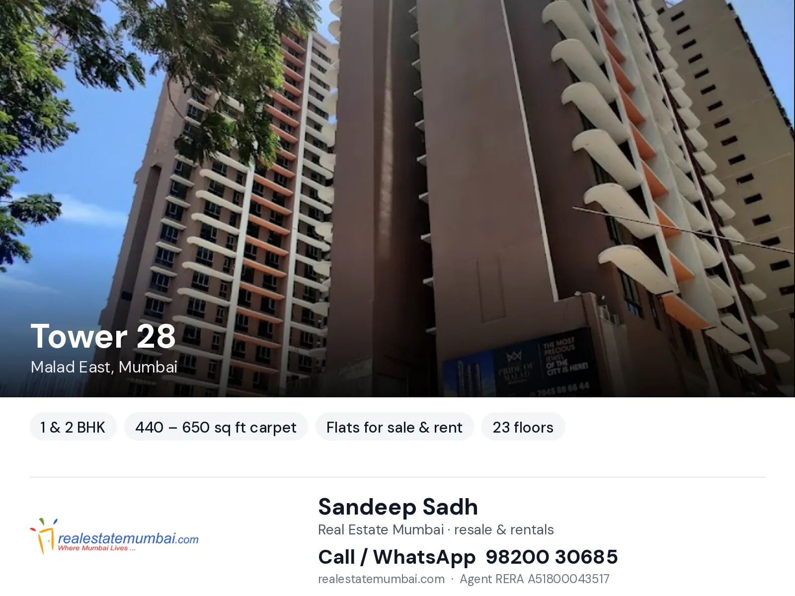 Tower 28, Malad East, Mumbai — 1 & 2 BHK flats for sale & rent | Real Estate Mumbai, Sandeep Sadh 98200 30685