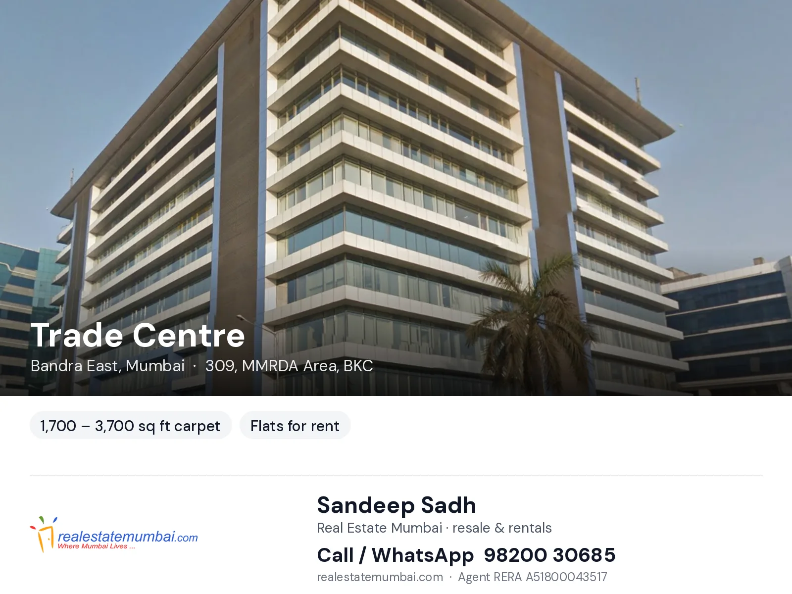 Trade Centre, Bandra East, Mumbai — flats for rent | Real Estate Mumbai, Sandeep Sadh 98200 30685