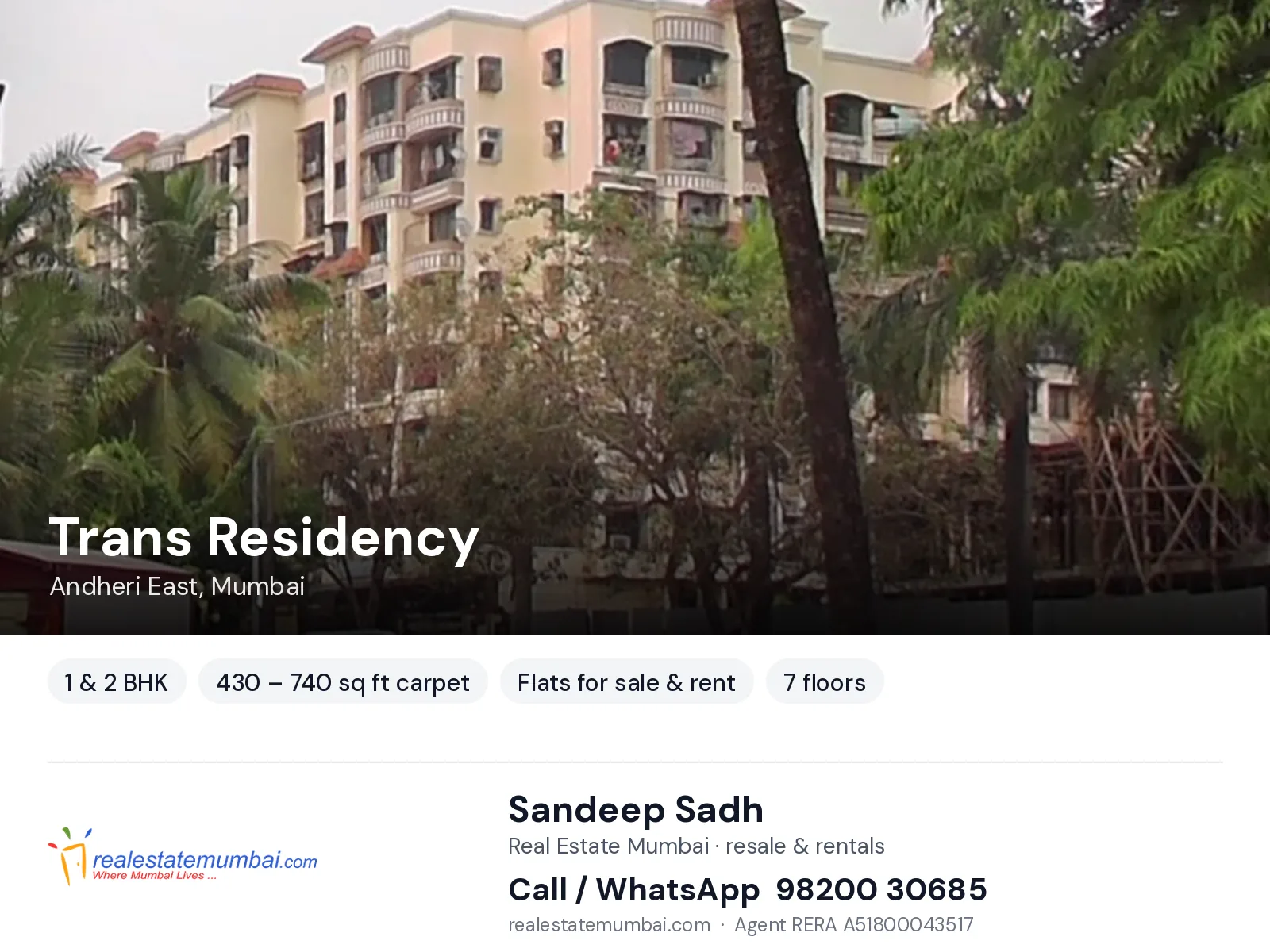 Trans Residency, Andheri East, Mumbai — 1 & 2 BHK flats for sale & rent | Real Estate Mumbai, Sandeep Sadh 98200 30685