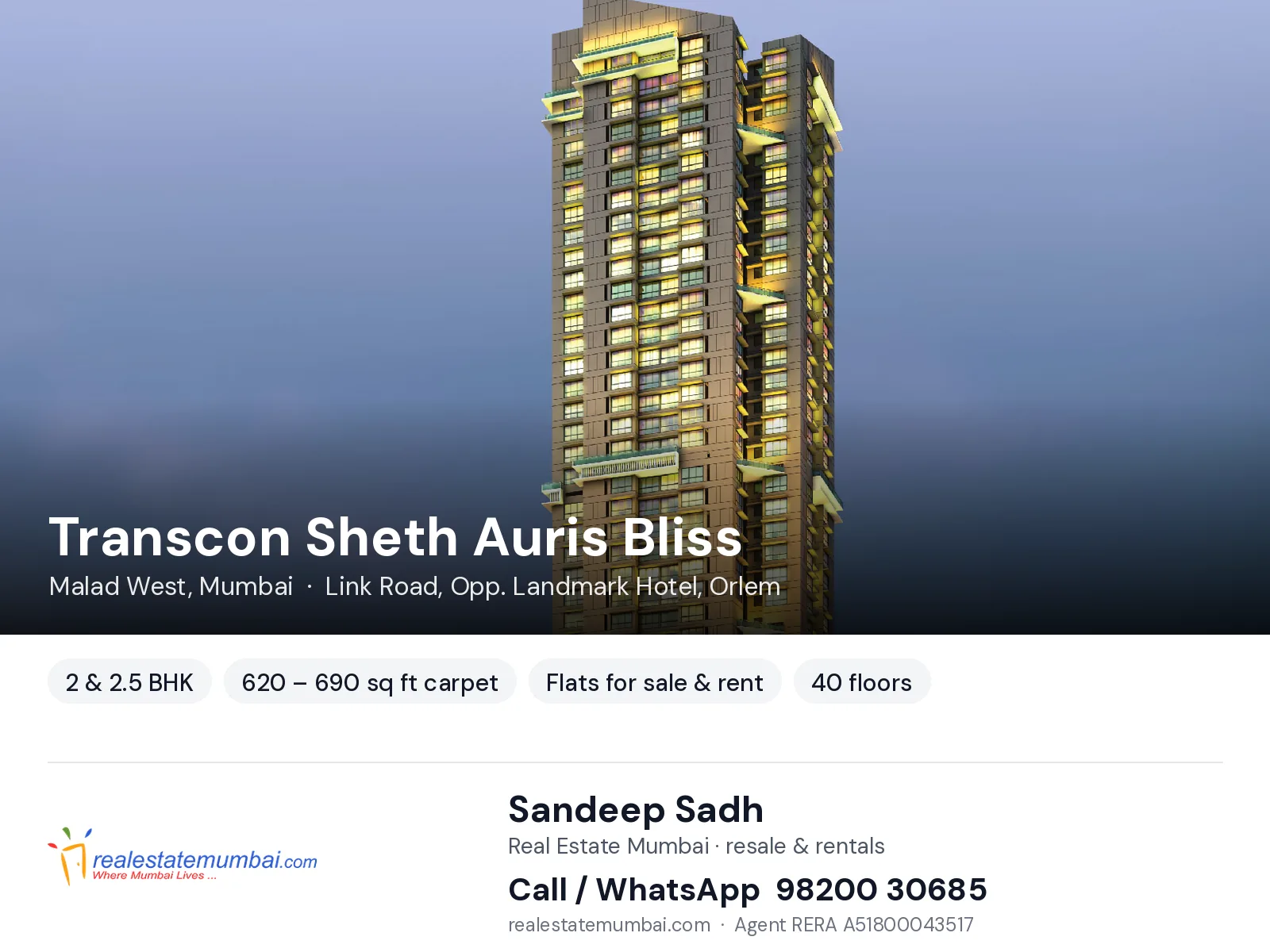 Transcon Sheth Auris Bliss, Malad West, Mumbai — 2 & 2.5 BHK flats for sale & rent | Real Estate Mumbai, Sandeep Sadh 98200 30685