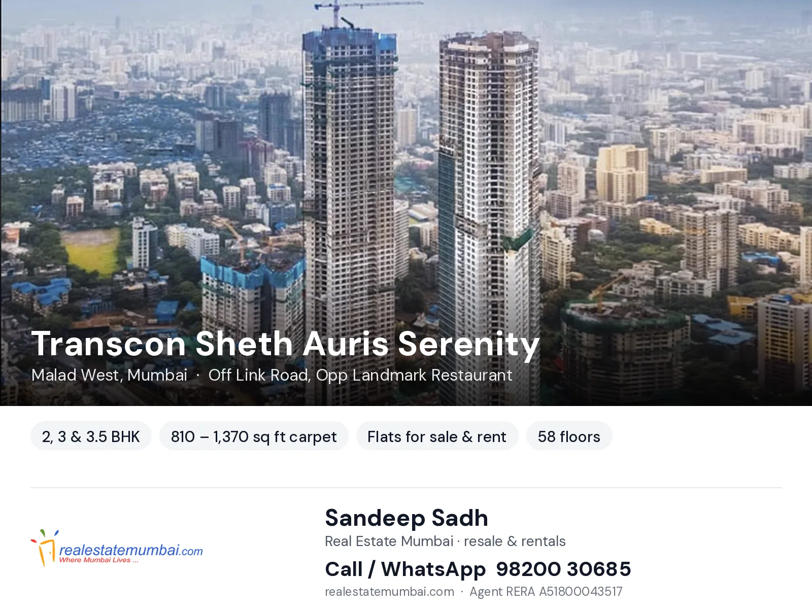 Transcon Sheth Auris Serenity, Malad West, Mumbai — 2, 3 & 3.5 BHK flats for sale & rent | Real Estate Mumbai, Sandeep Sadh 98200 30685